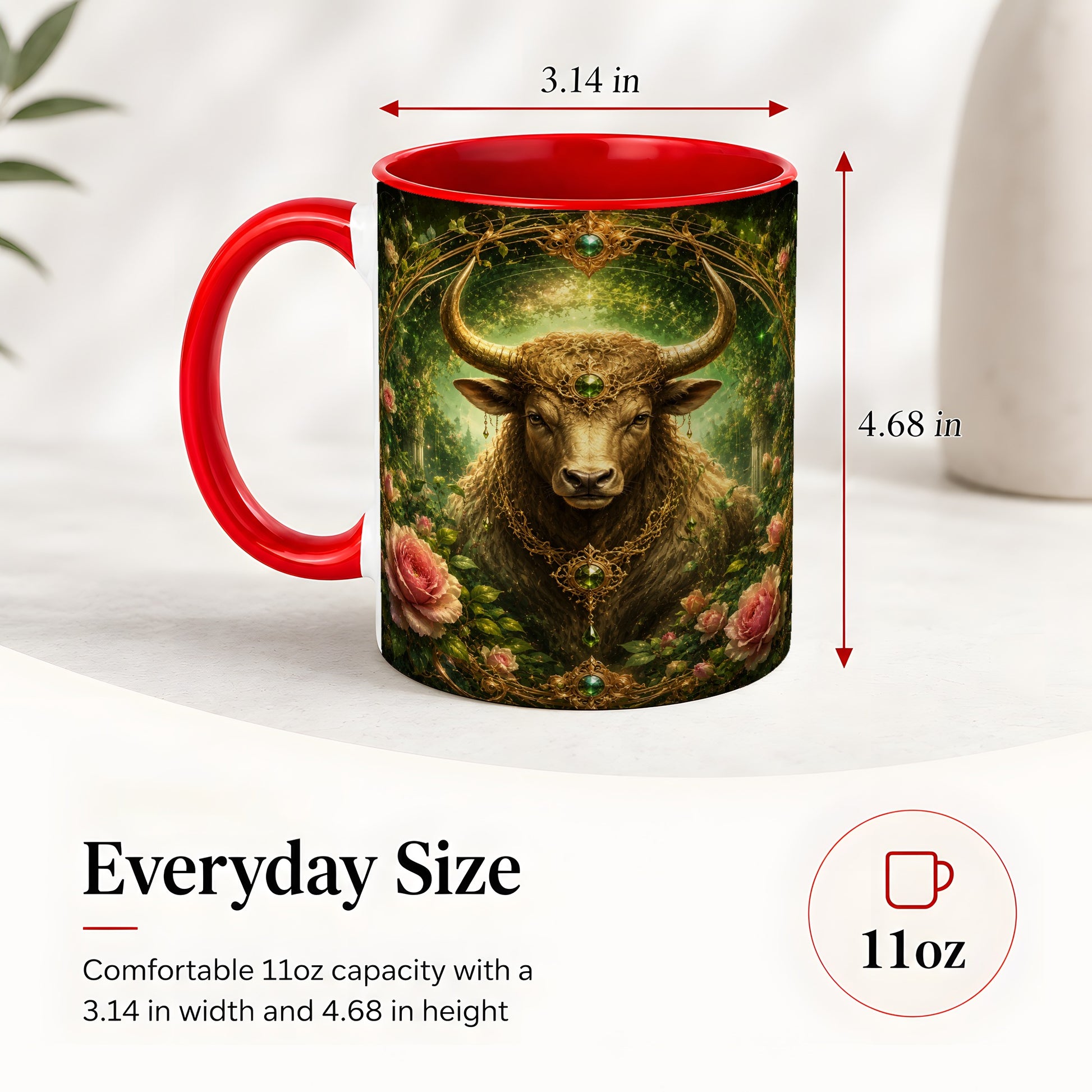 #pl[11oz|Red] Taurus Bull Ceramic Mug, Earth Zodiac Rose Celestial Art