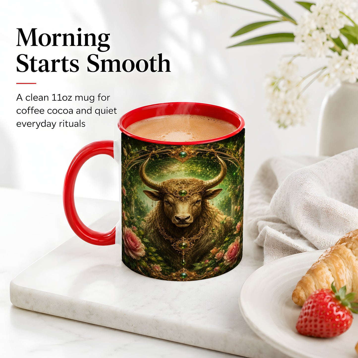 #pl[11oz|Red] Taurus Bull Ceramic Mug, Earth Zodiac Rose Celestial Art