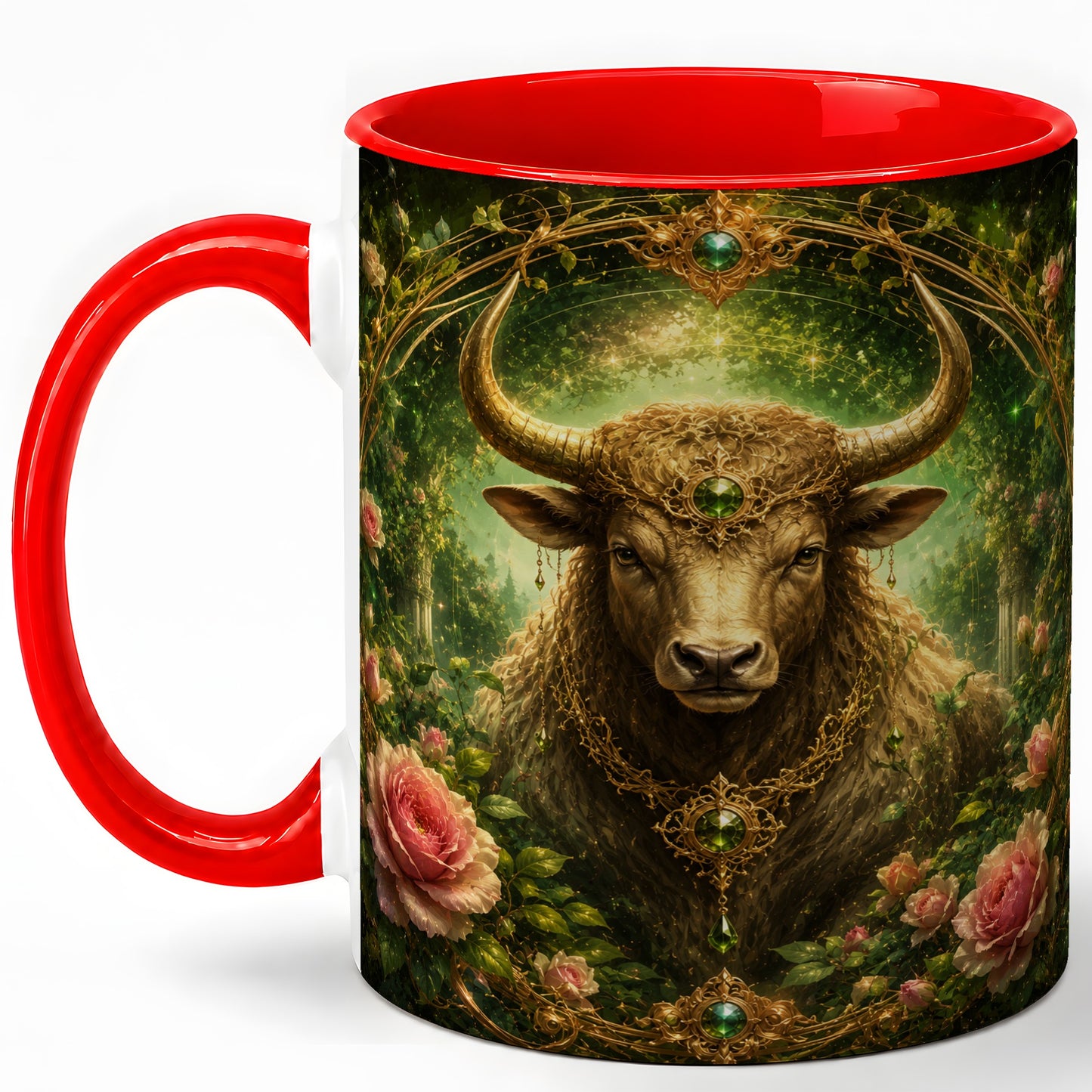 Taurus Bull Ceramic Mug, Earth Zodiac Rose Celestial Art