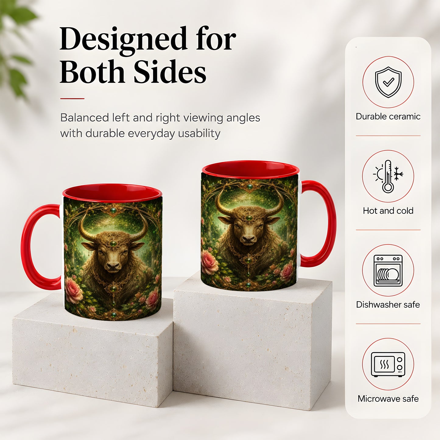 #pl[11oz|Red] Taurus Bull Ceramic Mug, Earth Zodiac Rose Celestial Art