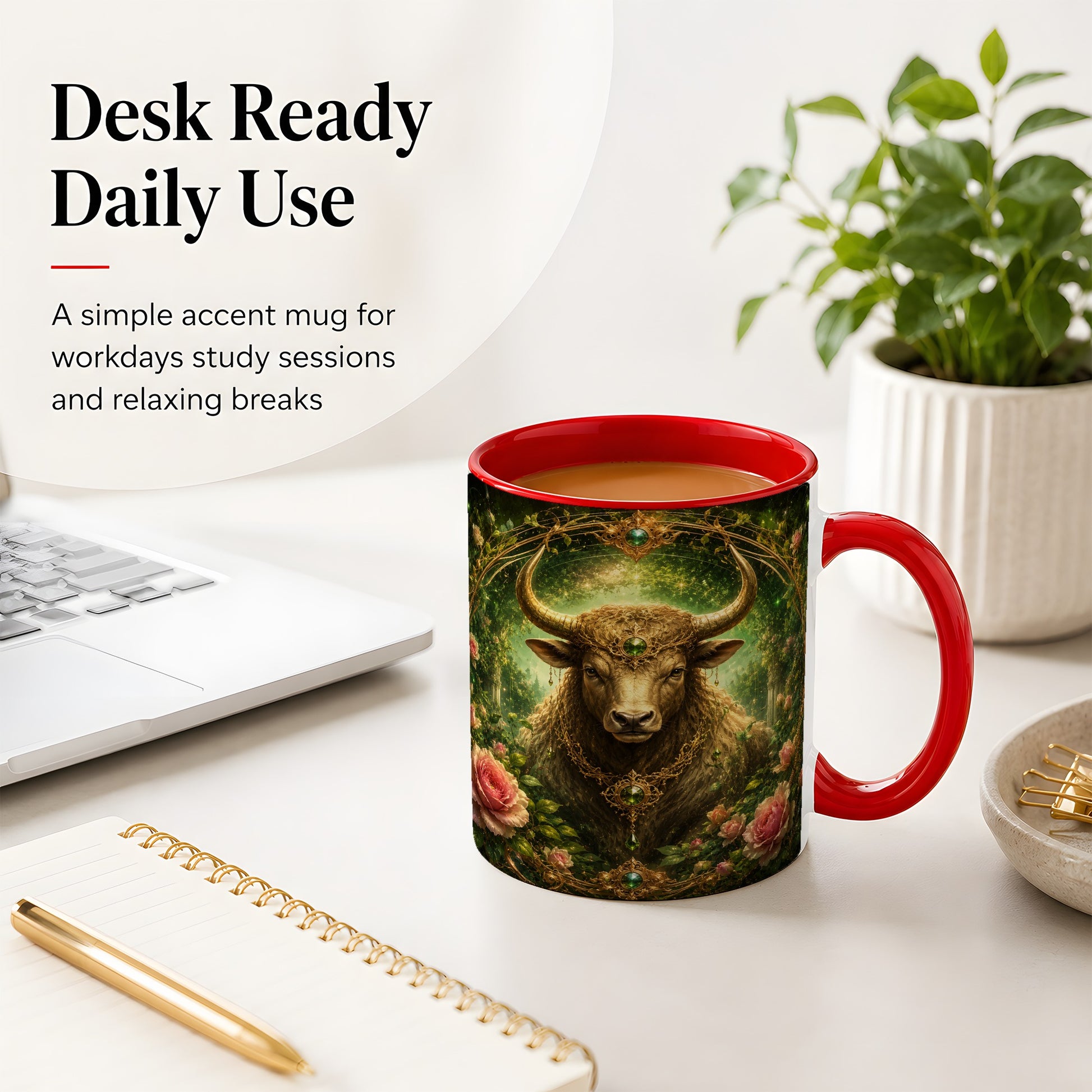 #pl[11oz|Red] Taurus Bull Ceramic Mug, Earth Zodiac Rose Celestial Art