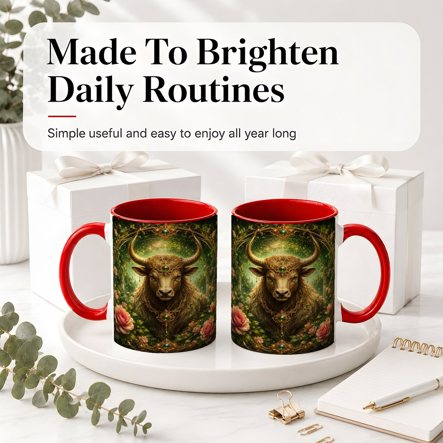 #pl[11oz|Red] Taurus Bull Ceramic Mug, Earth Zodiac Rose Celestial Art