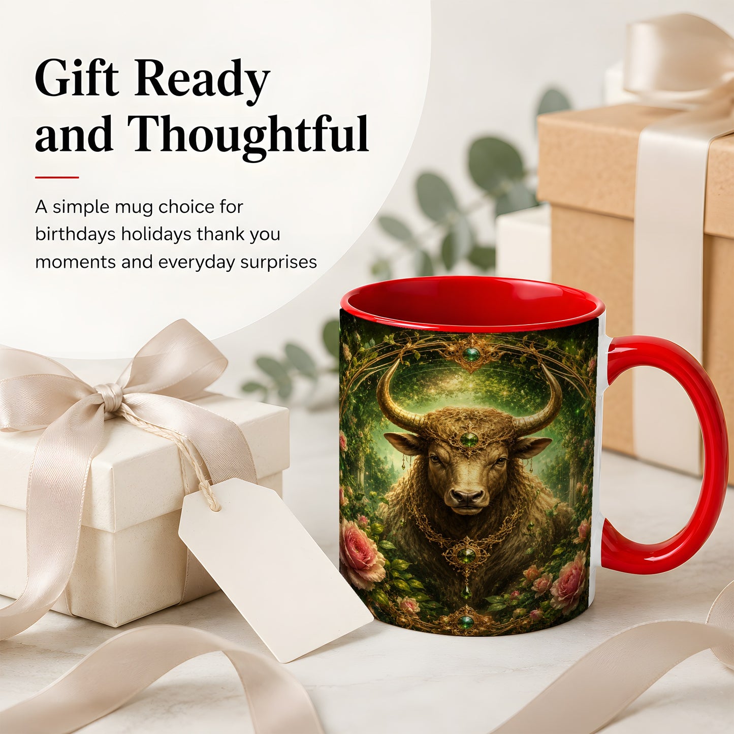#pl[11oz|Red] Taurus Bull Ceramic Mug, Earth Zodiac Rose Celestial Art