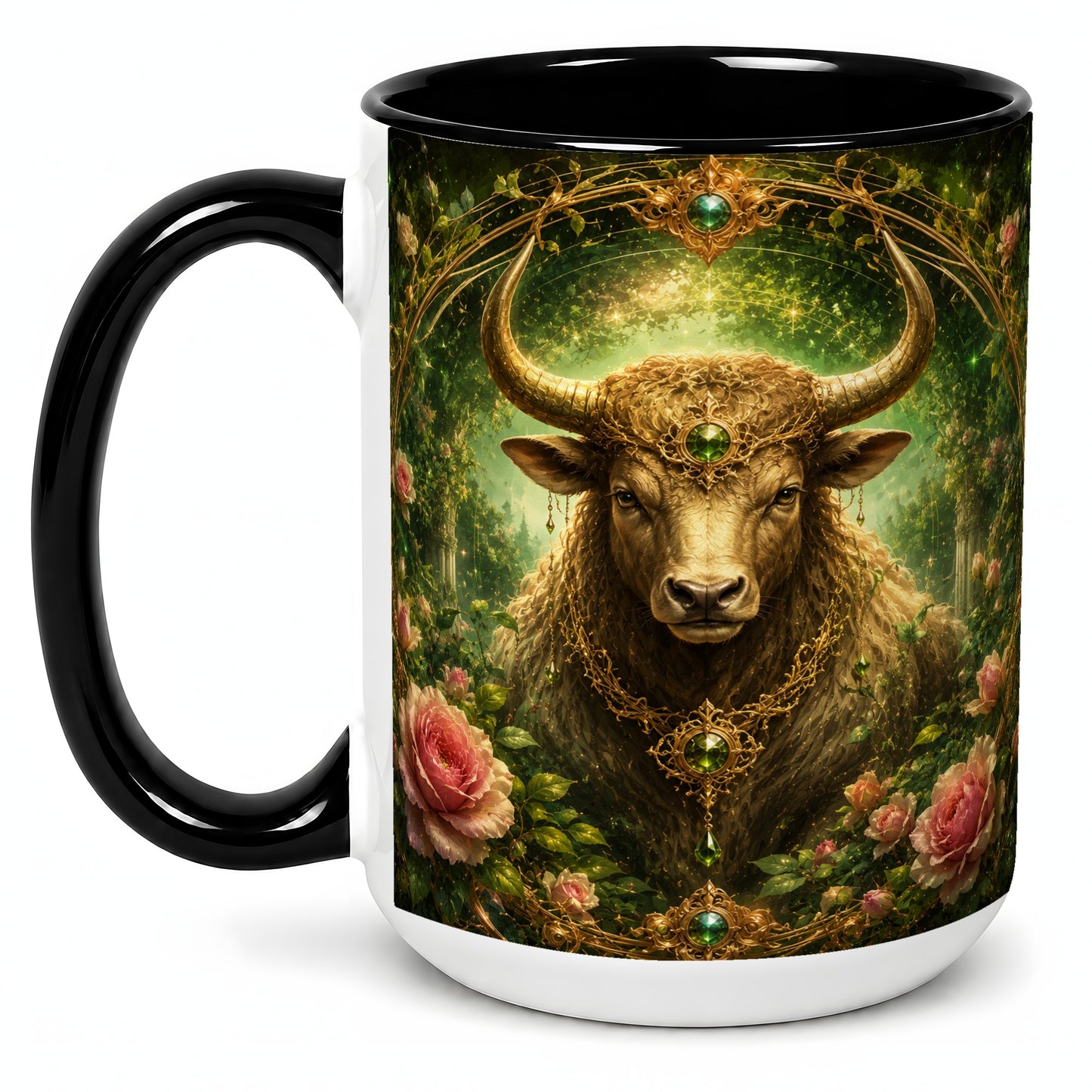 #pl[15oz|Black] Taurus Bull Ceramic Mug, Earth Zodiac Rose Celestial Art