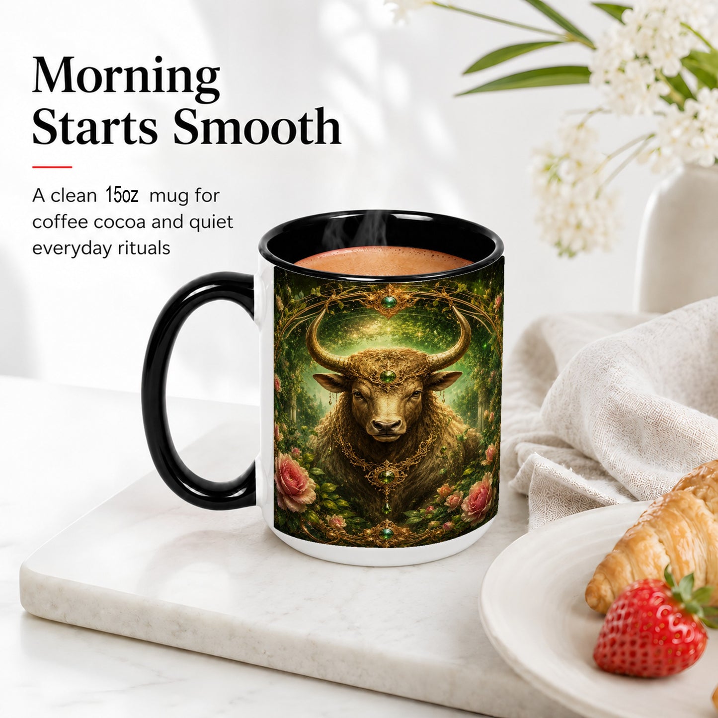 #pl[15oz|Black] Taurus Bull Ceramic Mug, Earth Zodiac Rose Celestial Art