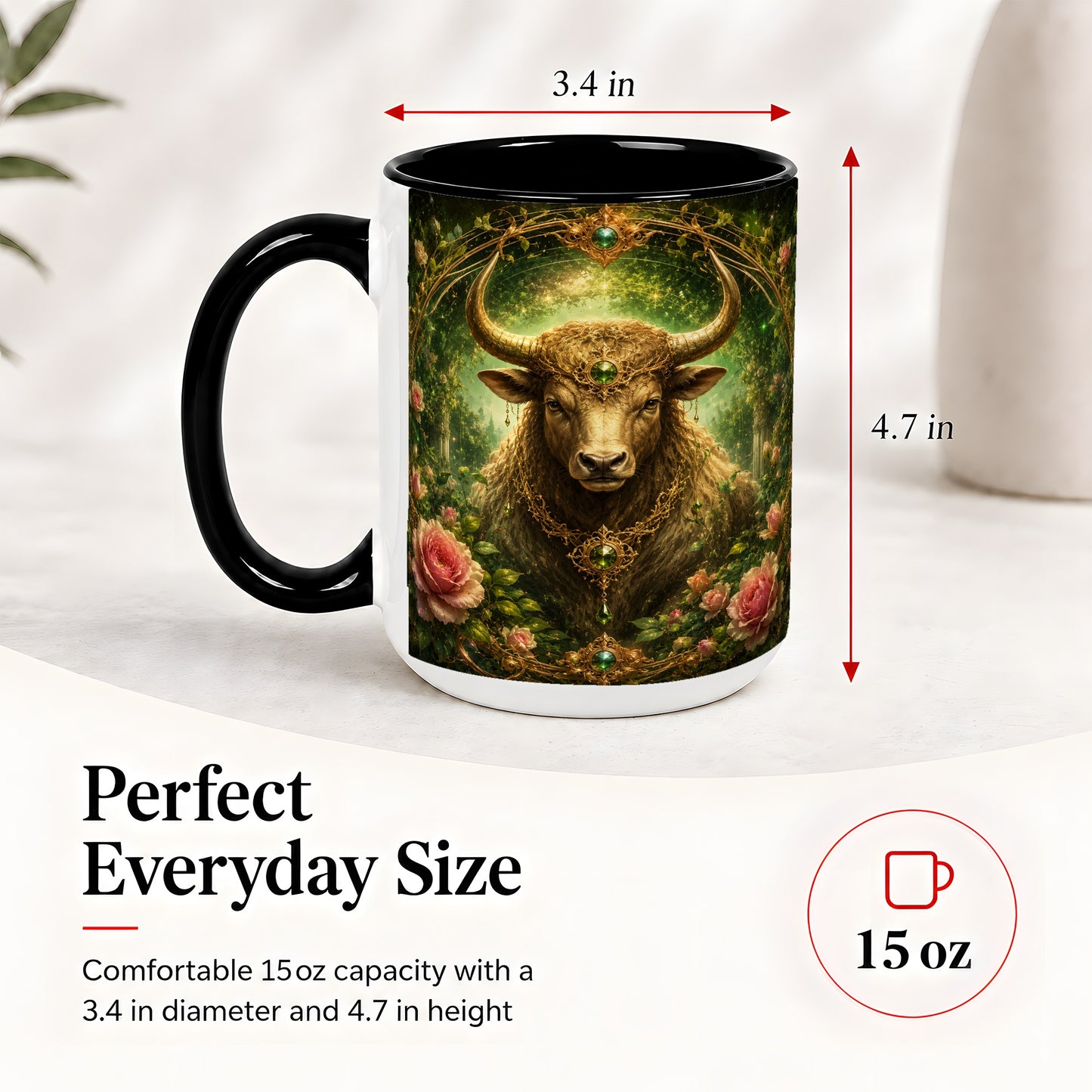 #pl[15oz|Black] Taurus Bull Ceramic Mug, Earth Zodiac Rose Celestial Art