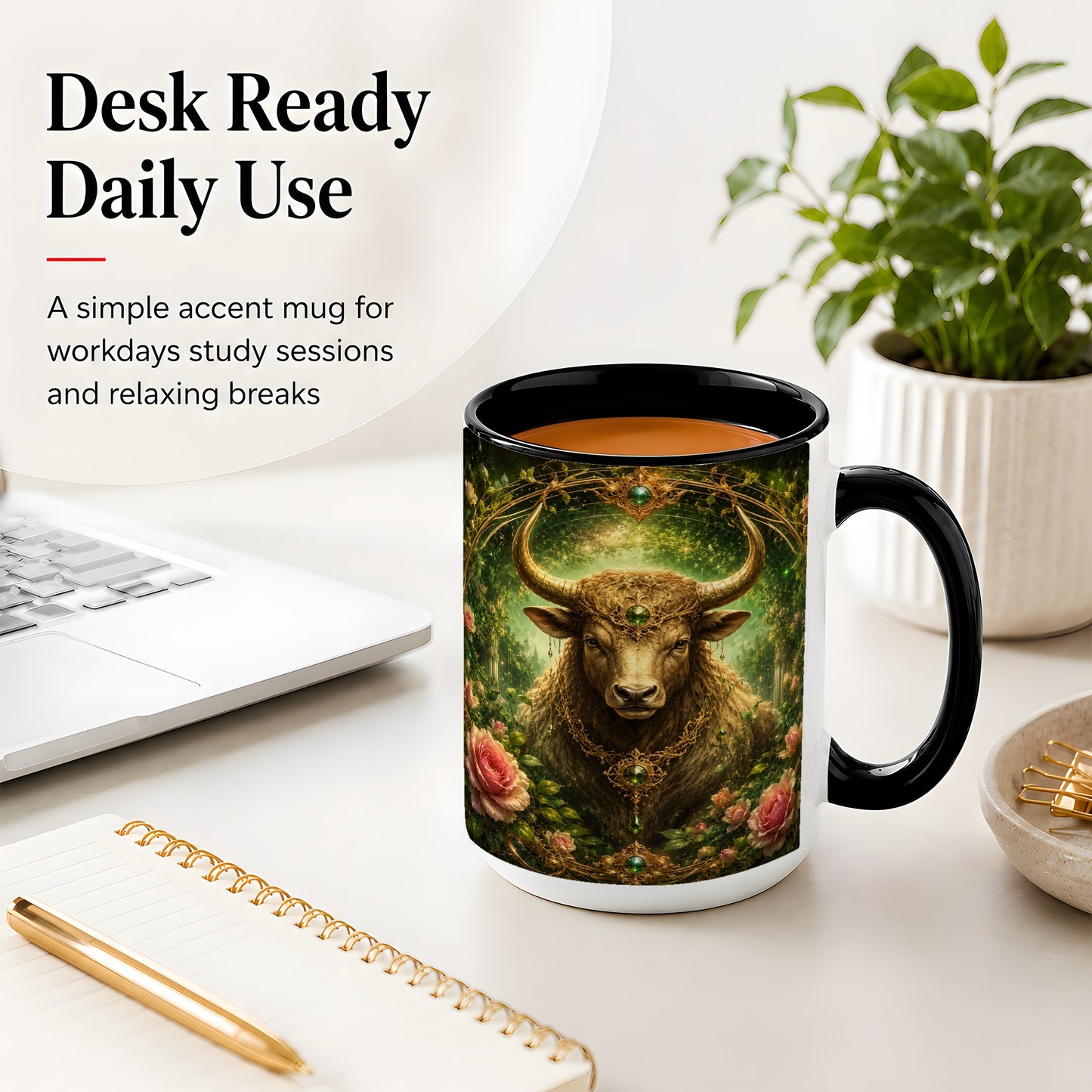 #pl[15oz|Black] Taurus Bull Ceramic Mug, Earth Zodiac Rose Celestial Art