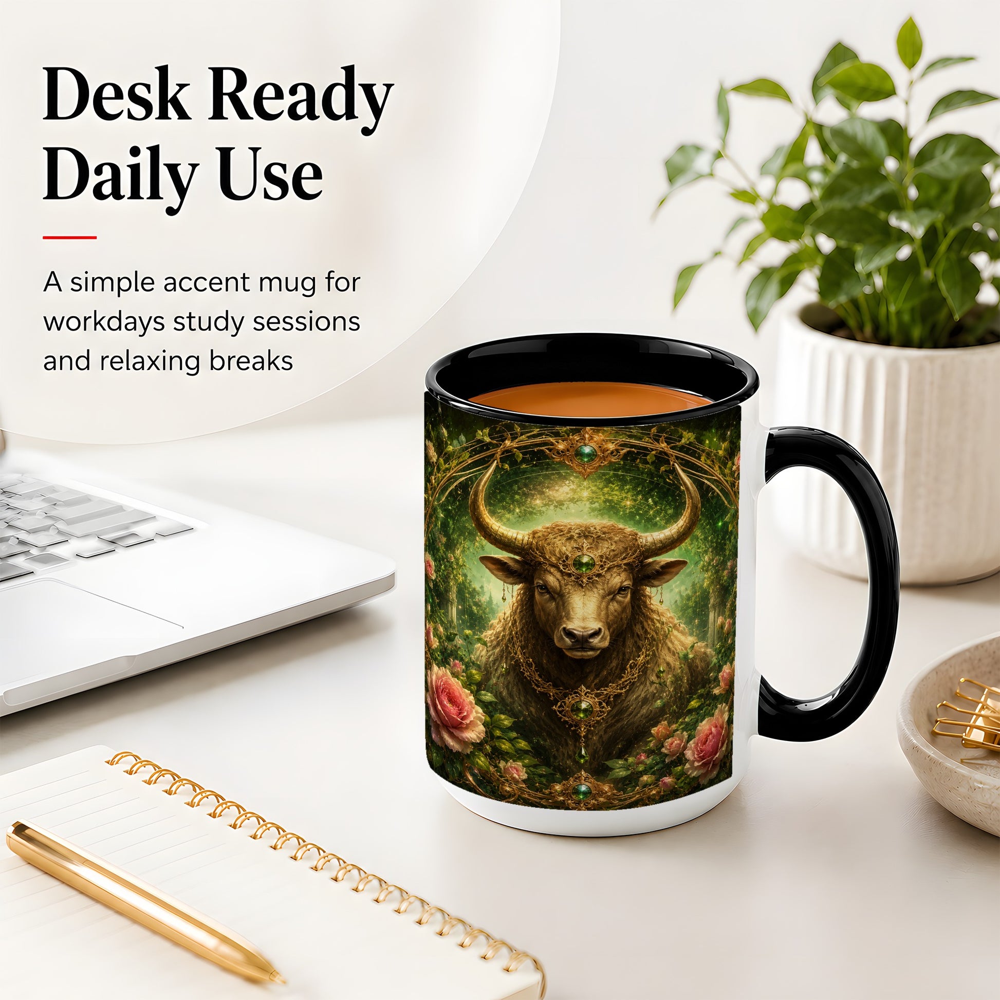 #pl[15oz|Black] Taurus Bull Ceramic Mug, Earth Zodiac Rose Celestial Art