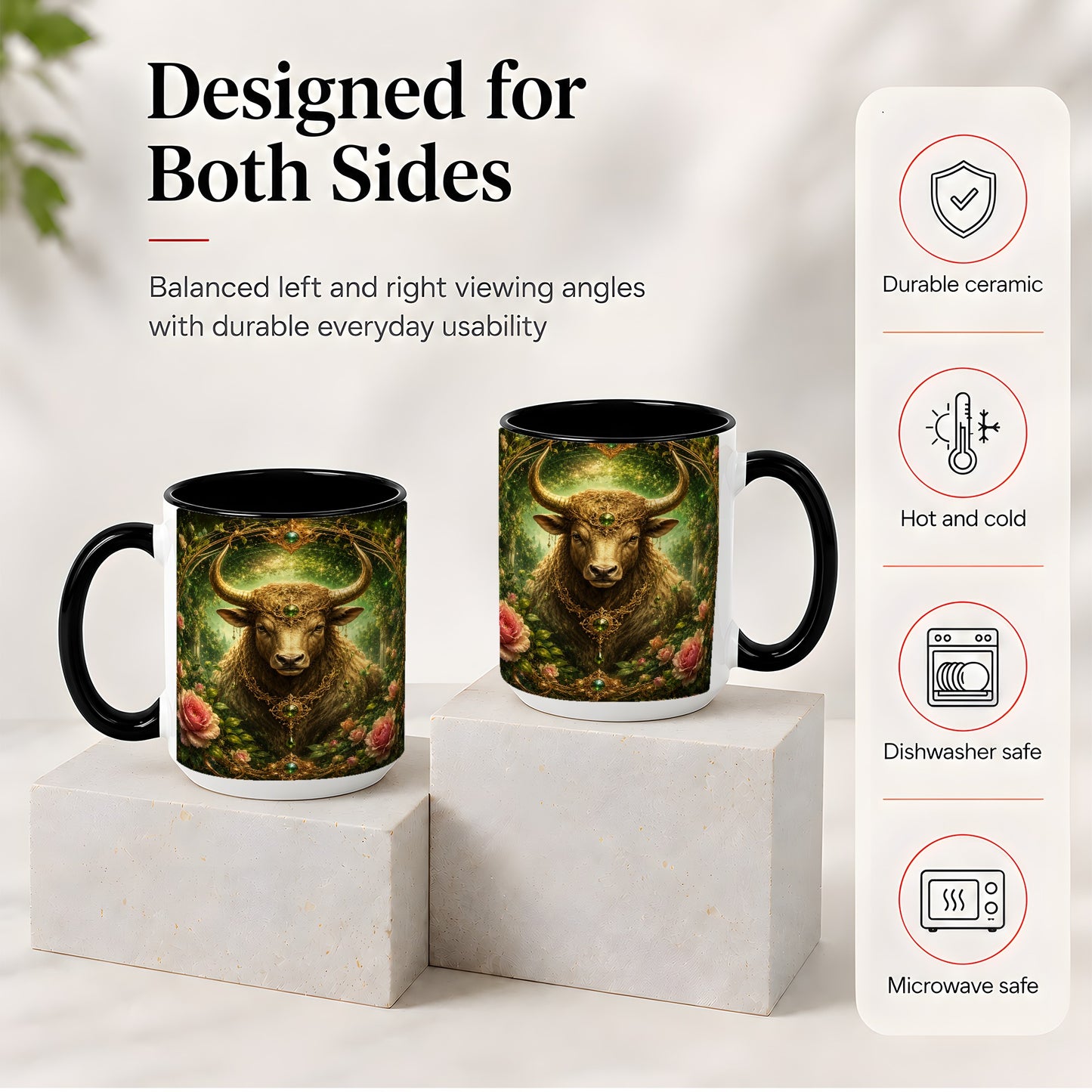 #pl[15oz|Black] Taurus Bull Ceramic Mug, Earth Zodiac Rose Celestial Art