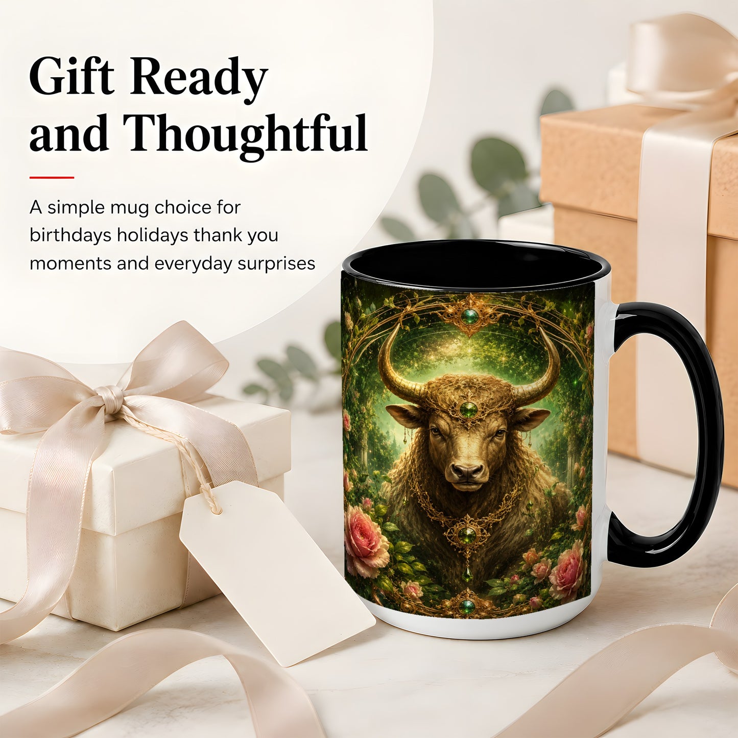#pl[15oz|Black] Taurus Bull Ceramic Mug, Earth Zodiac Rose Celestial Art