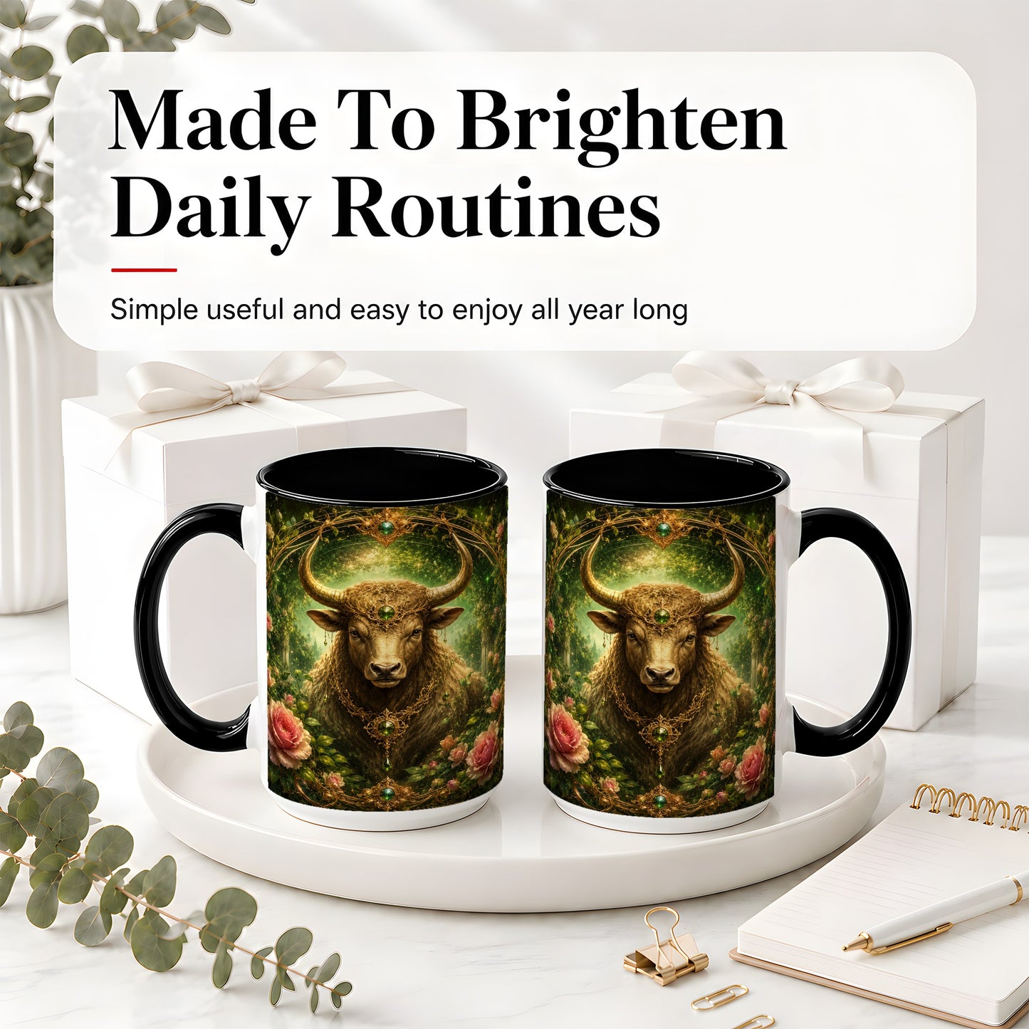 #pl[15oz|Black] Taurus Bull Ceramic Mug, Earth Zodiac Rose Celestial Art