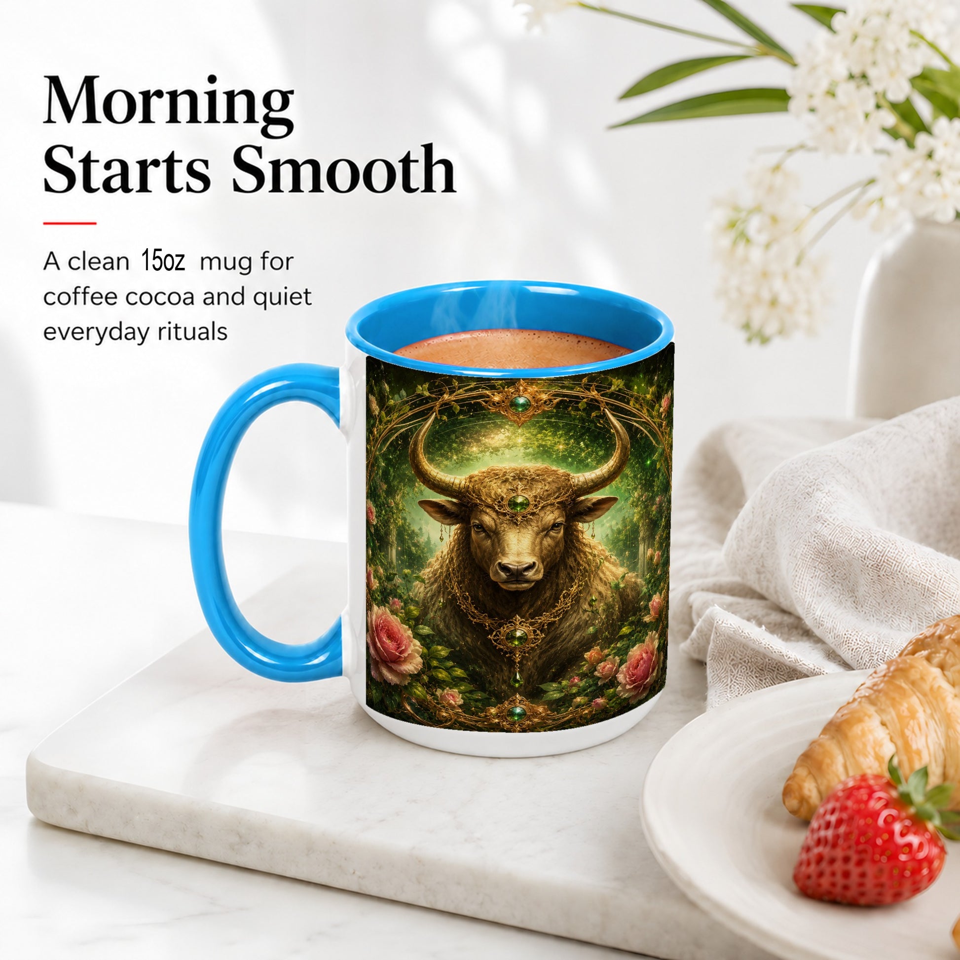 #pl[15oz|Blue] Taurus Bull Ceramic Mug, Earth Zodiac Rose Celestial Art