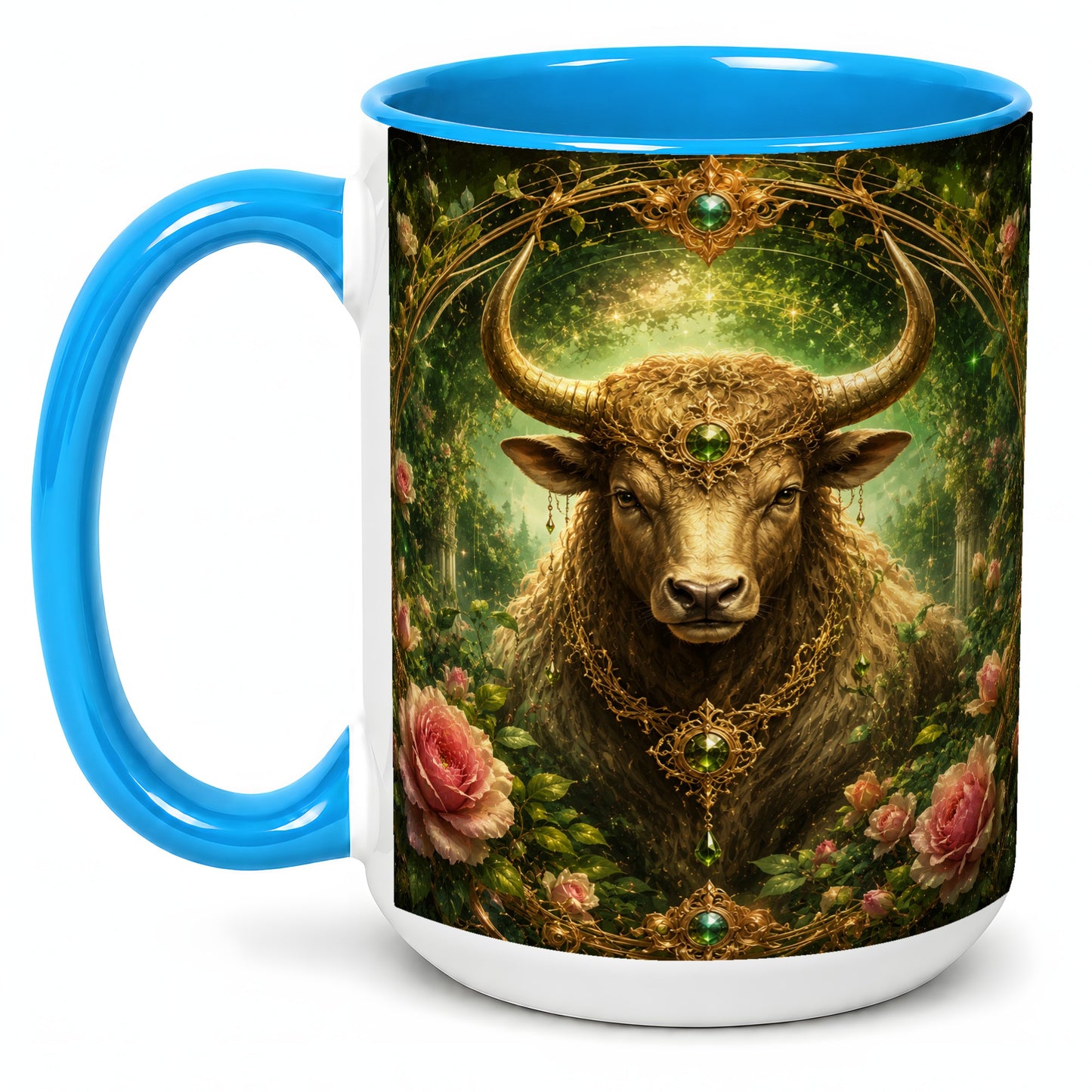 #pl[15oz|Blue] Taurus Bull Ceramic Mug, Earth Zodiac Rose Celestial Art