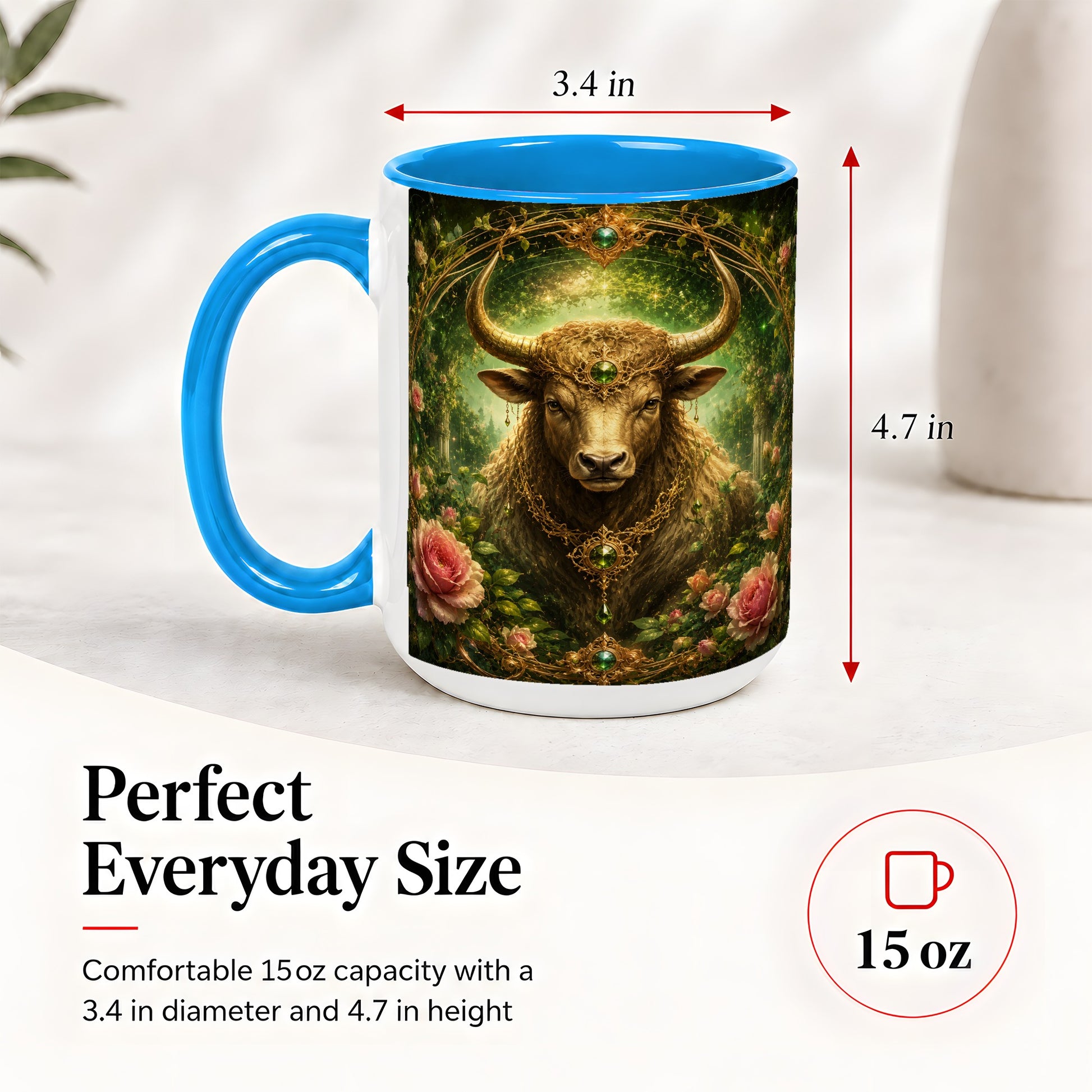 #pl[15oz|Blue] Taurus Bull Ceramic Mug, Earth Zodiac Rose Celestial Art