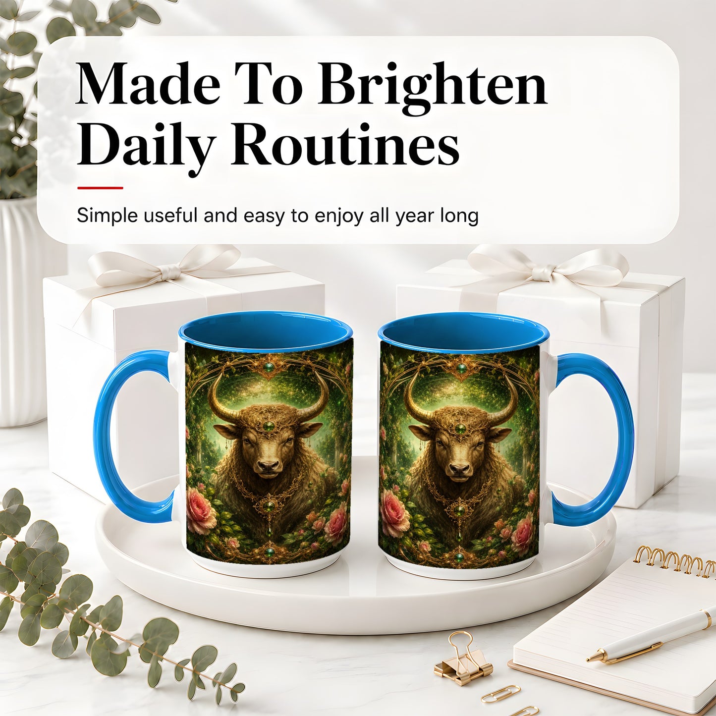 #pl[15oz|Blue] Taurus Bull Ceramic Mug, Earth Zodiac Rose Celestial Art