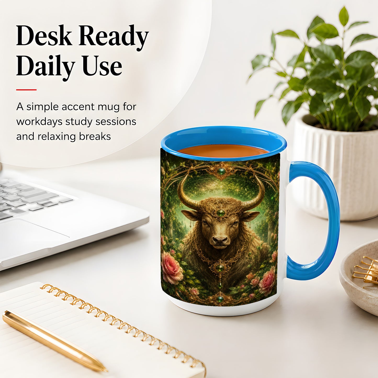 #pl[15oz|Blue] Taurus Bull Ceramic Mug, Earth Zodiac Rose Celestial Art