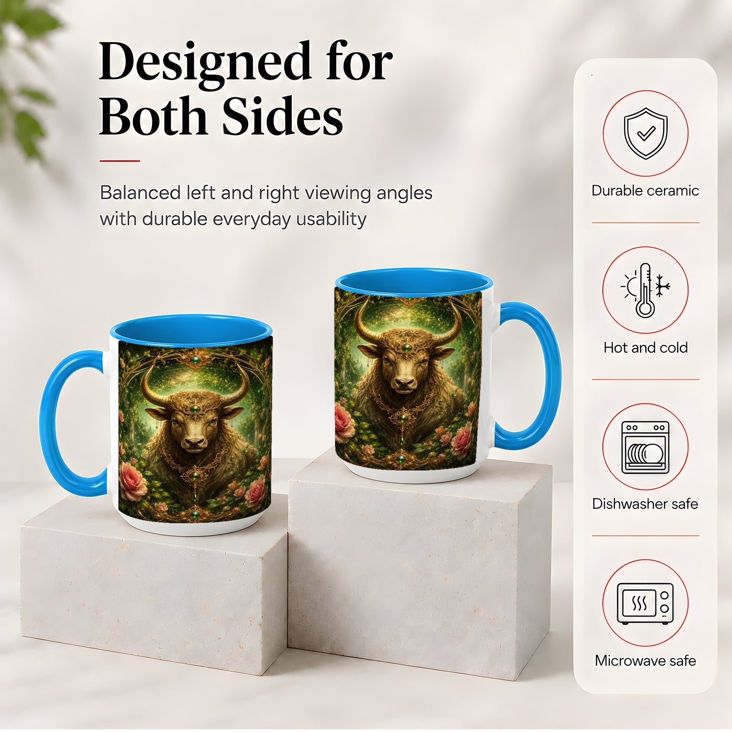 #pl[15oz|Blue] Taurus Bull Ceramic Mug, Earth Zodiac Rose Celestial Art