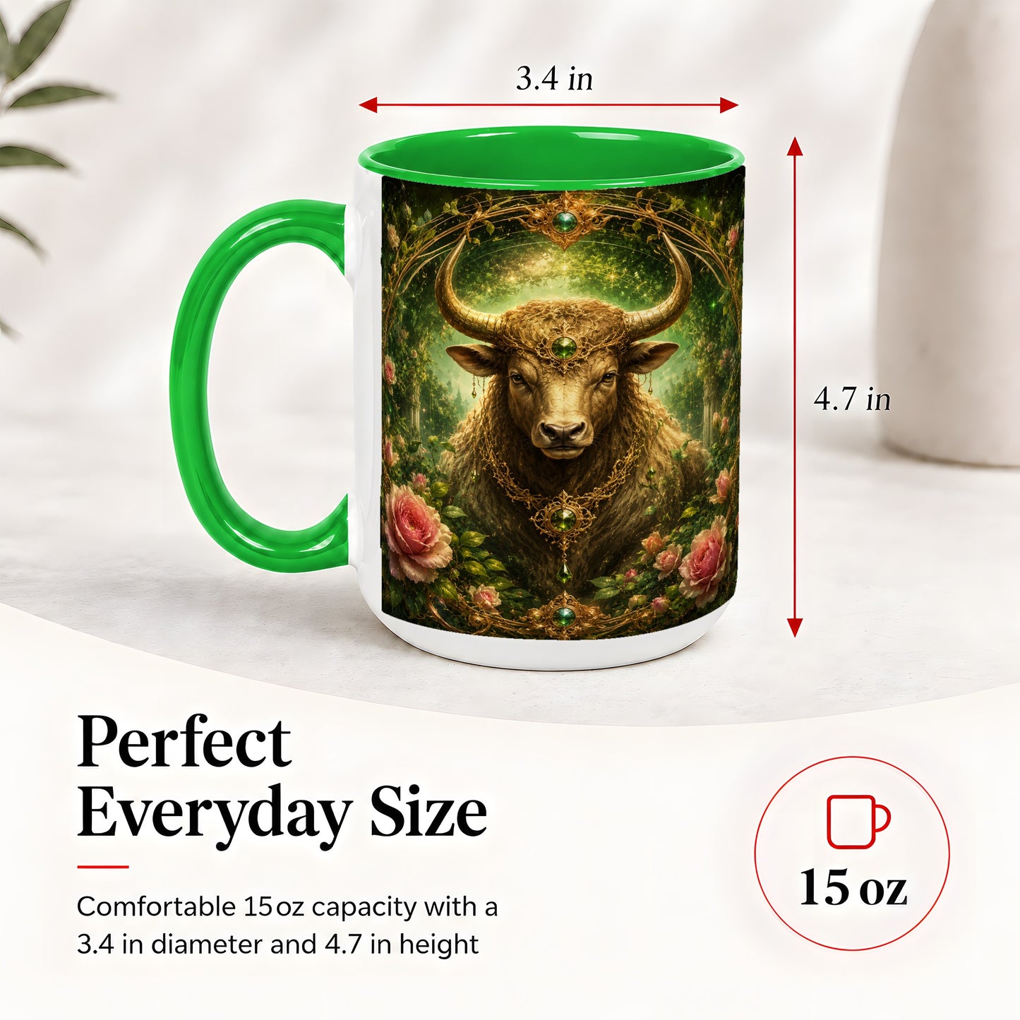 #pl[15oz|Green] Taurus Bull Ceramic Mug, Earth Zodiac Rose Celestial Art