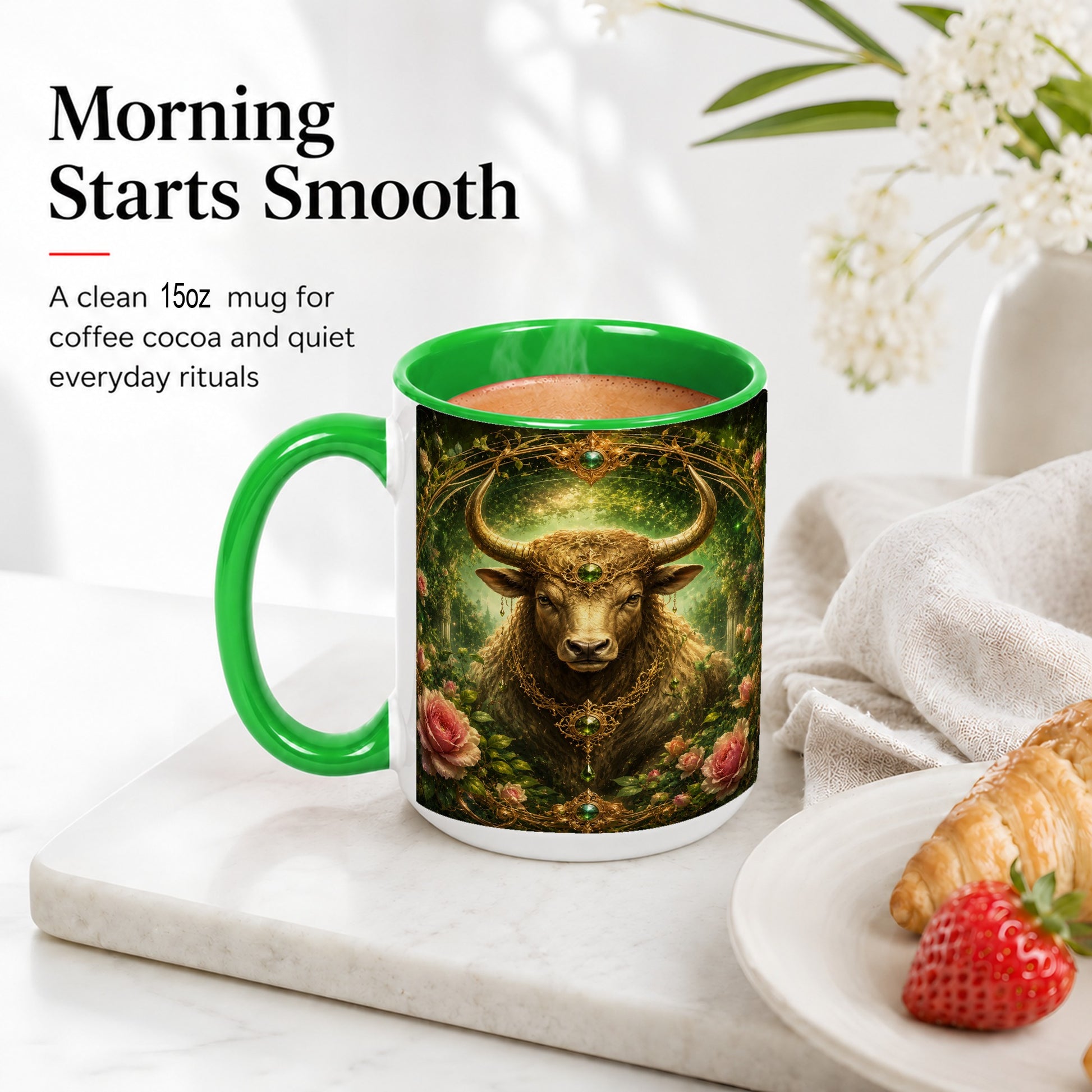 #pl[15oz|Green] Taurus Bull Ceramic Mug, Earth Zodiac Rose Celestial Art