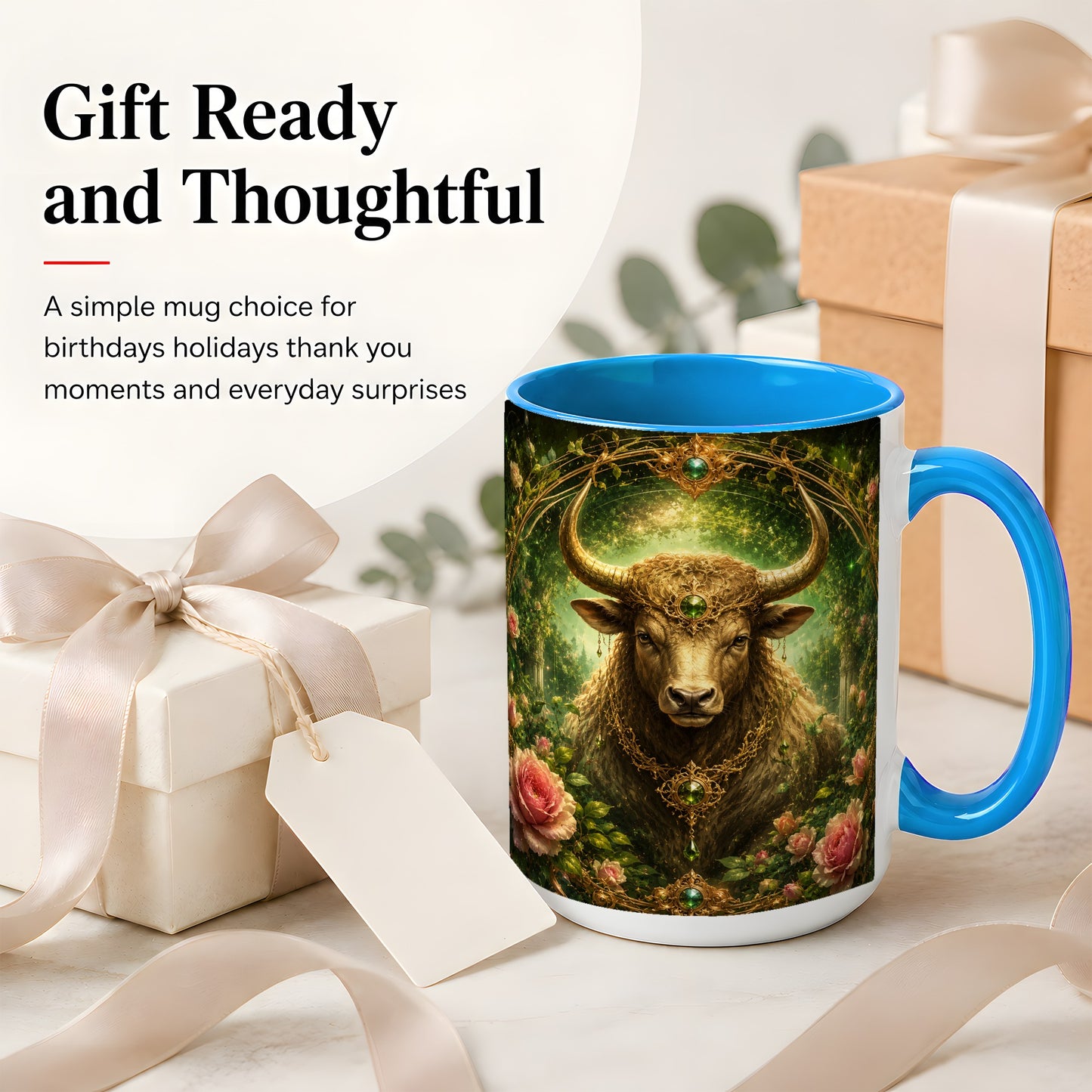 #pl[15oz|Blue] Taurus Bull Ceramic Mug, Earth Zodiac Rose Celestial Art