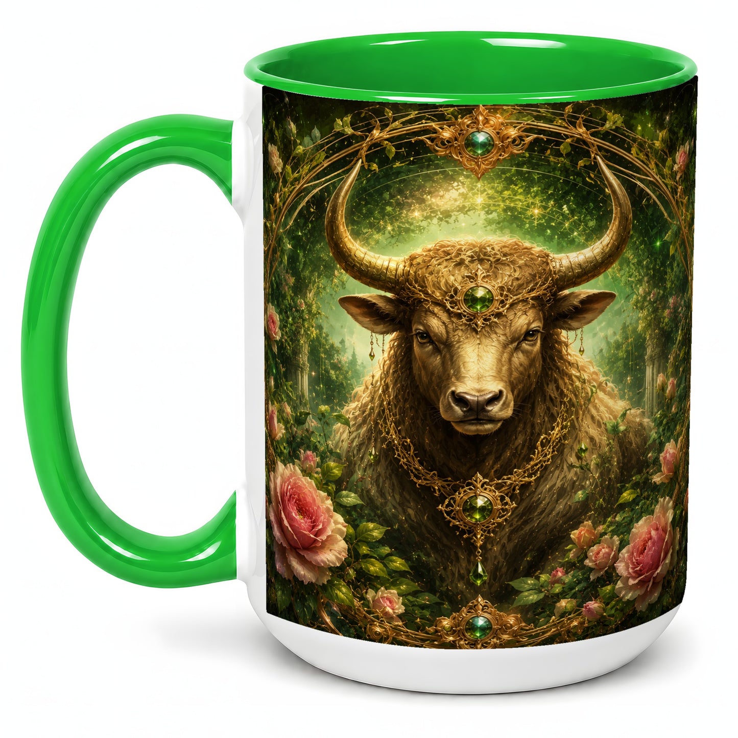 #pl[15oz|Green] Taurus Bull Ceramic Mug, Earth Zodiac Rose Celestial Art