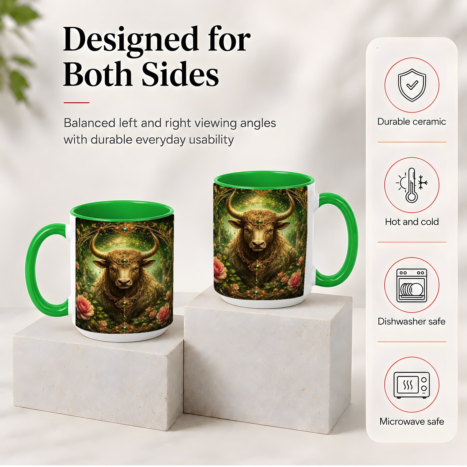 #pl[15oz|Green] Taurus Bull Ceramic Mug, Earth Zodiac Rose Celestial Art