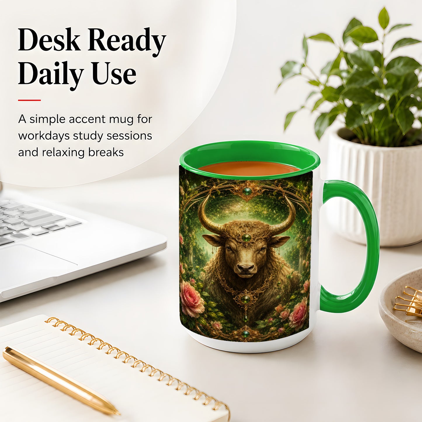 #pl[15oz|Green] Taurus Bull Ceramic Mug, Earth Zodiac Rose Celestial Art