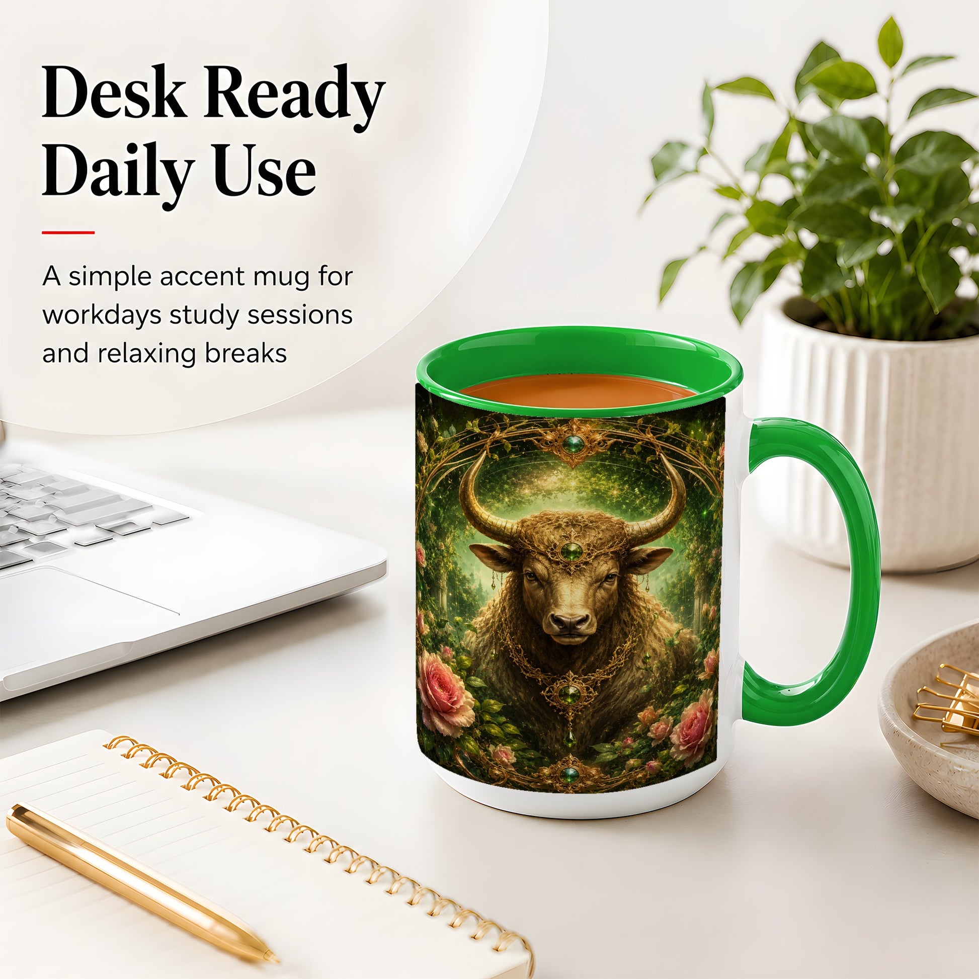 #pl[15oz|Green] Taurus Bull Ceramic Mug, Earth Zodiac Rose Celestial Art