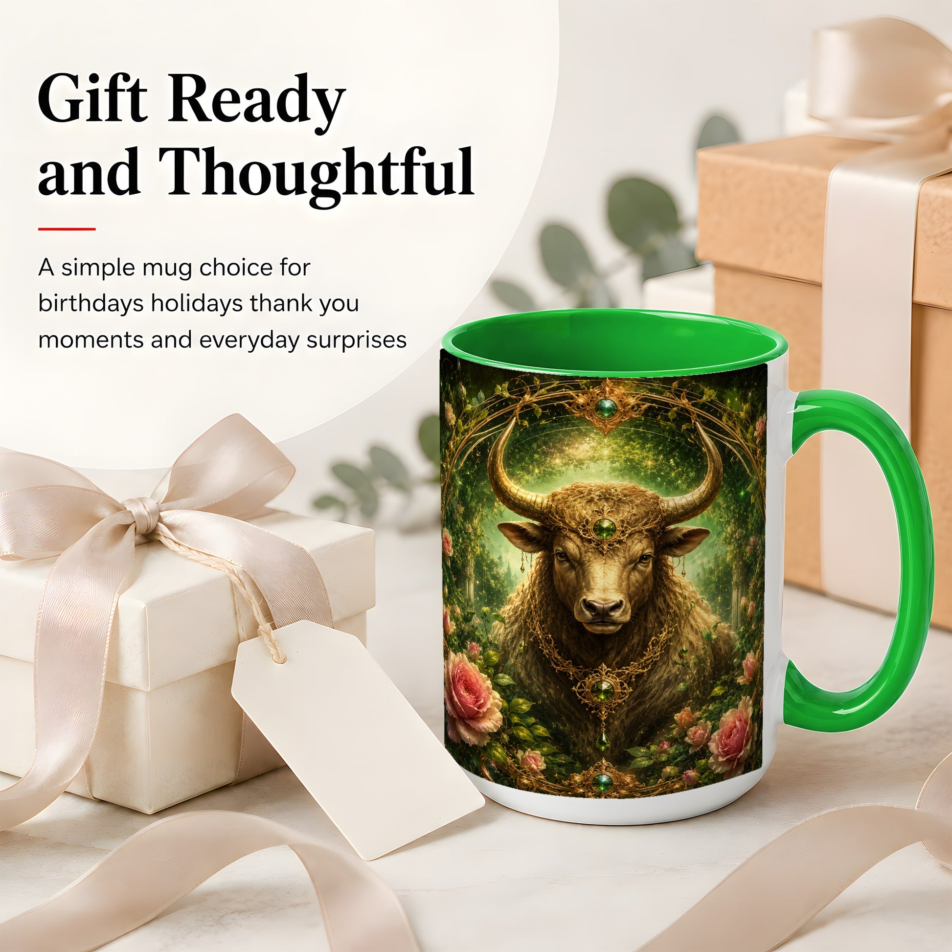 #pl[15oz|Green] Taurus Bull Ceramic Mug, Earth Zodiac Rose Celestial Art