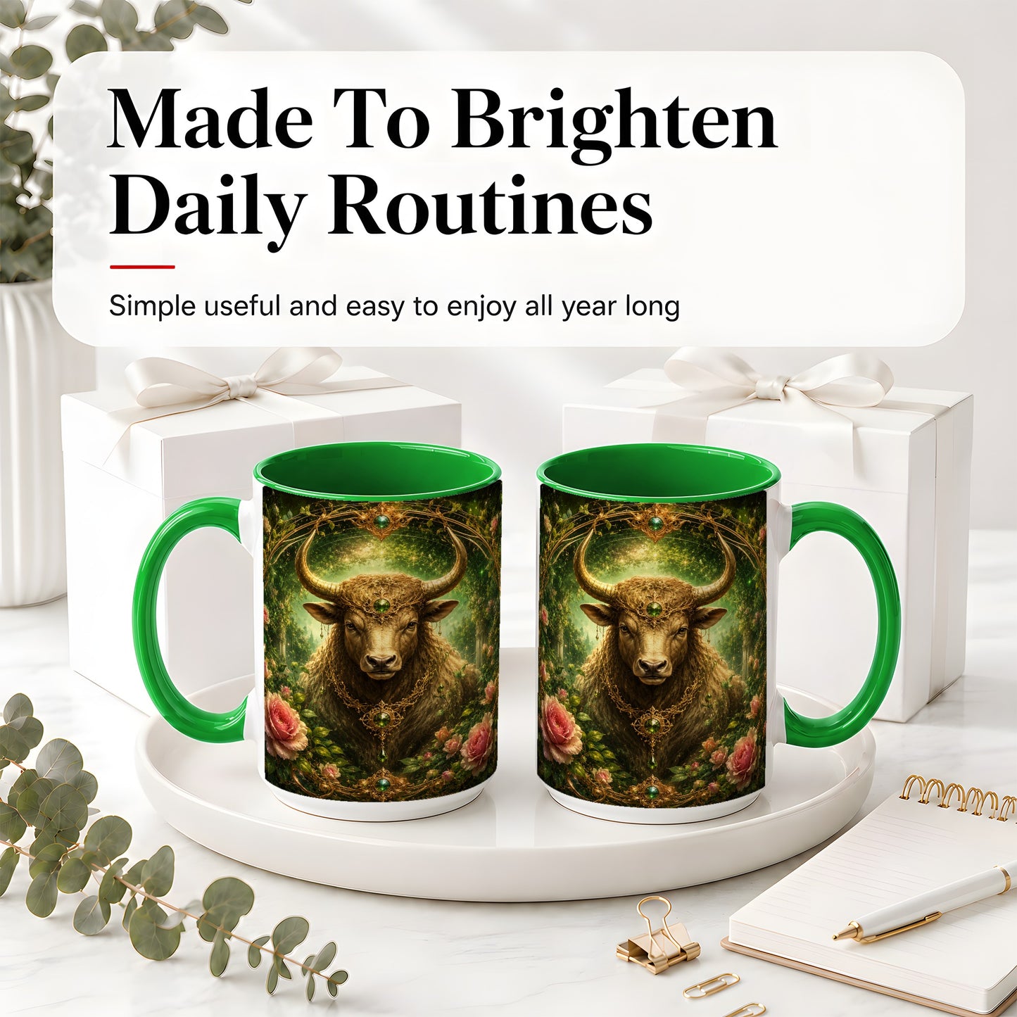 #pl[15oz|Green] Taurus Bull Ceramic Mug, Earth Zodiac Rose Celestial Art