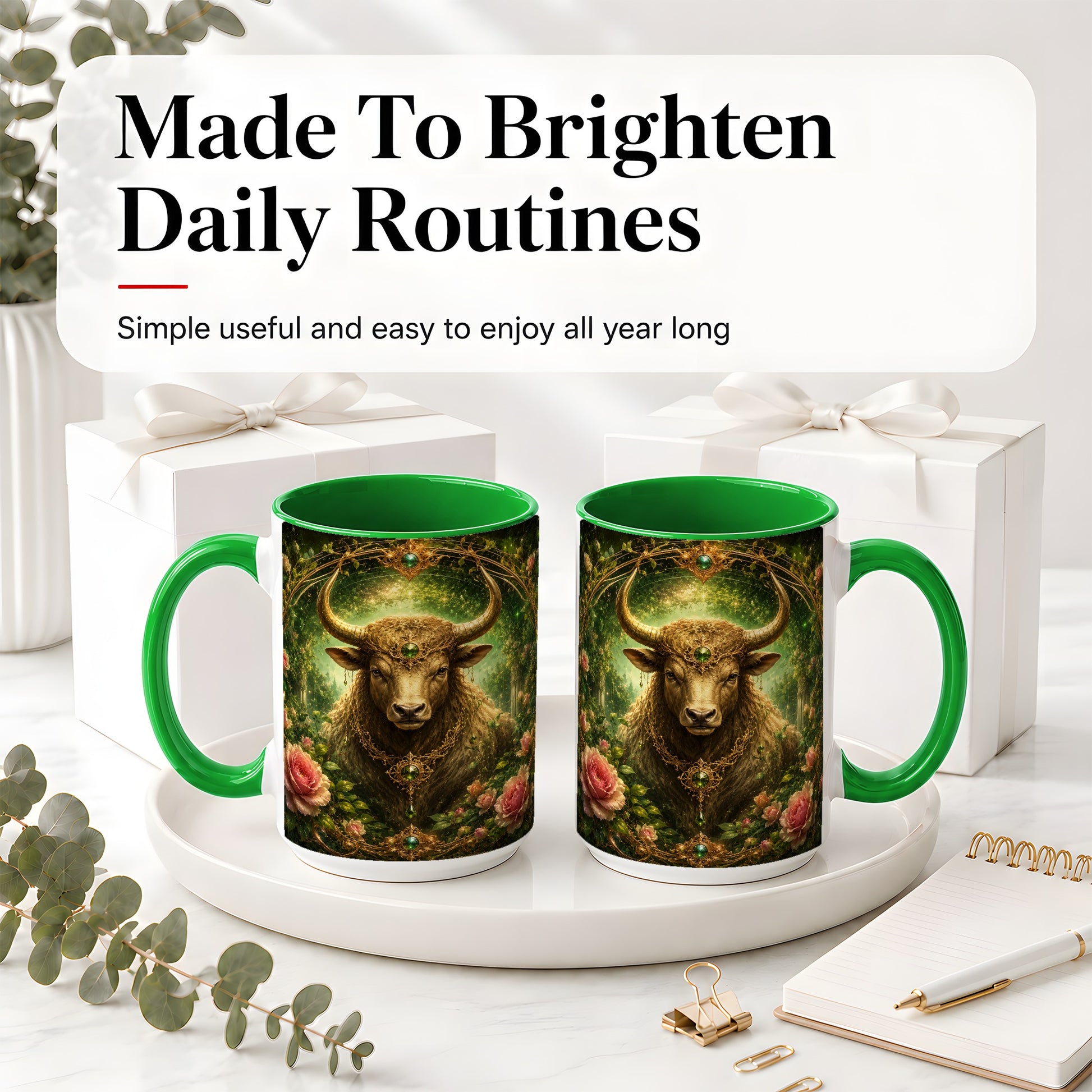 #pl[15oz|Green] Taurus Bull Ceramic Mug, Earth Zodiac Rose Celestial Art