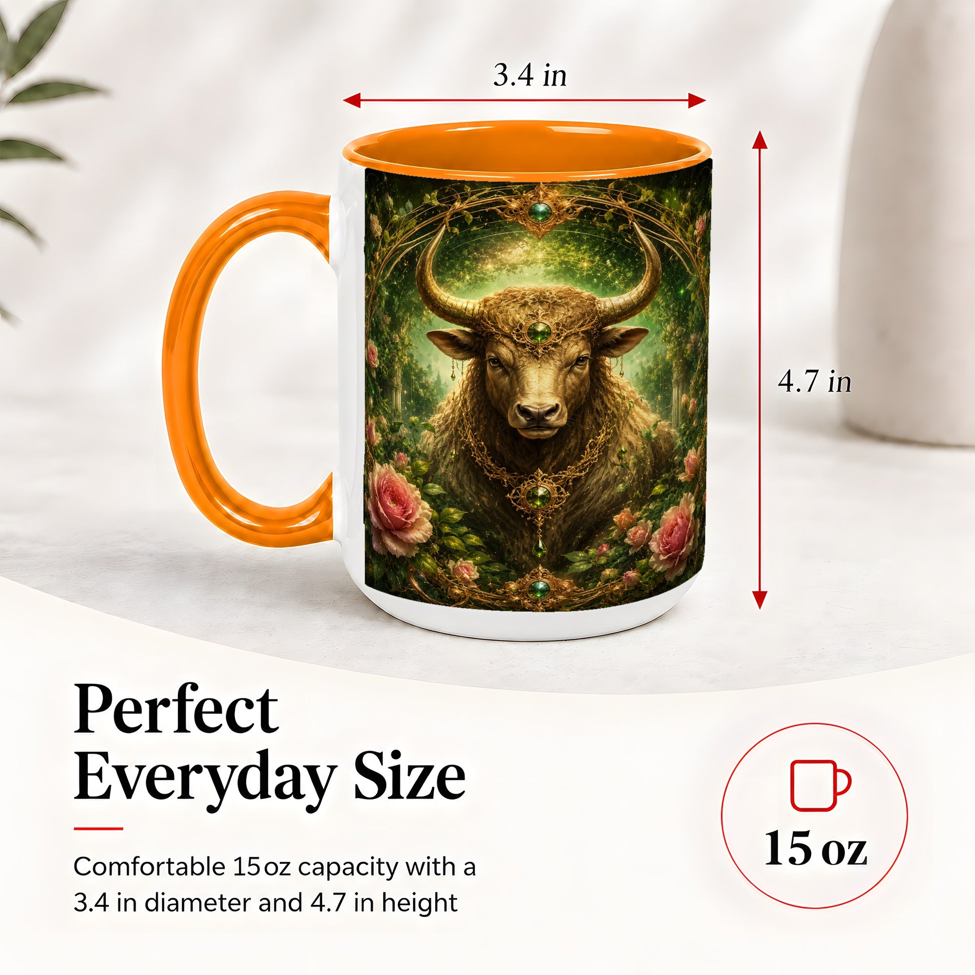 #pl[15oz|Orange] Taurus Bull Ceramic Mug, Earth Zodiac Rose Celestial Art