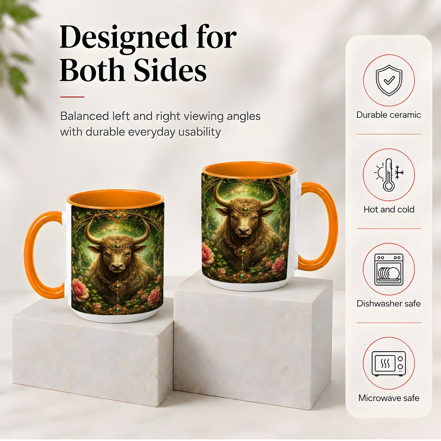 #pl[15oz|Orange] Taurus Bull Ceramic Mug, Earth Zodiac Rose Celestial Art