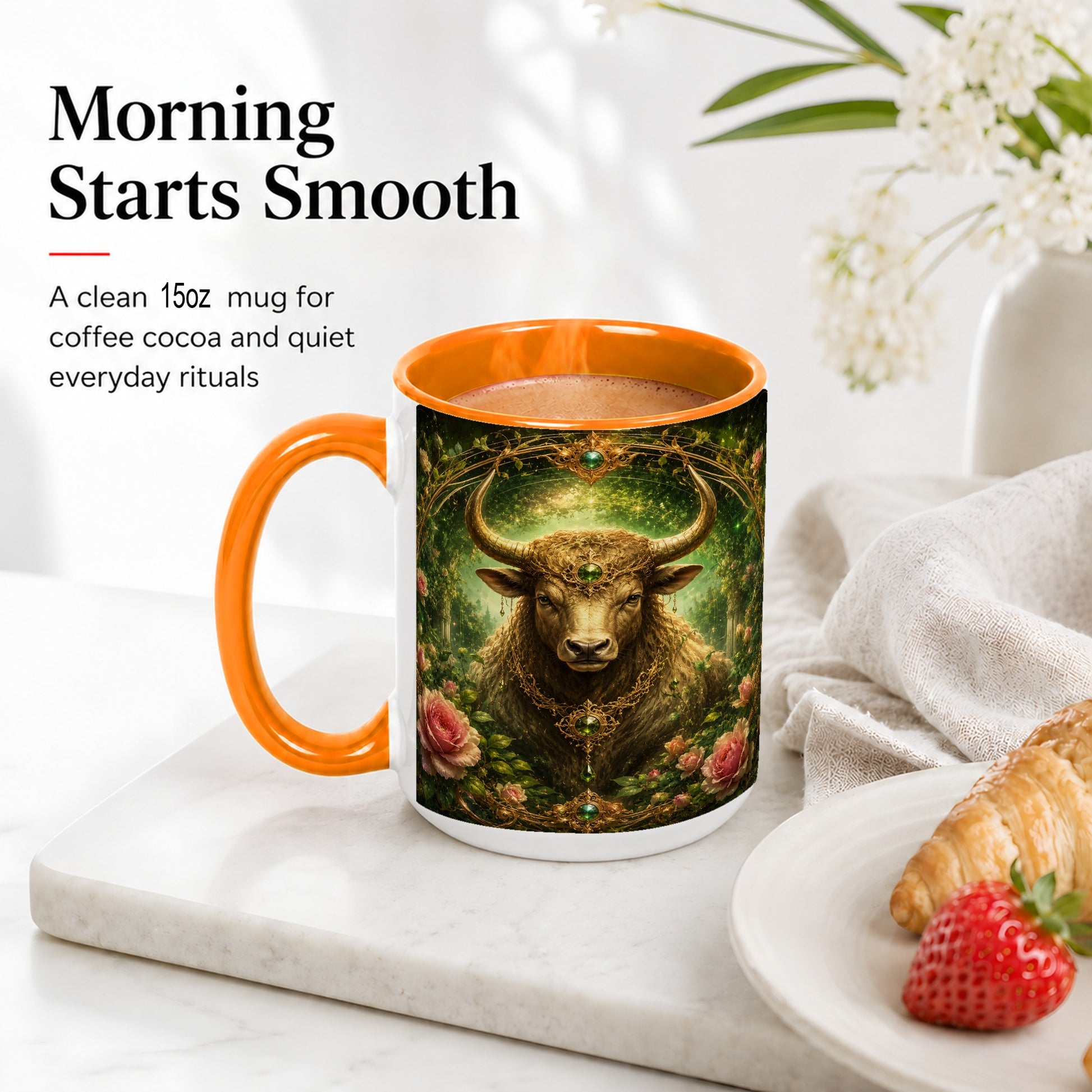 #pl[15oz|Orange] Taurus Bull Ceramic Mug, Earth Zodiac Rose Celestial Art