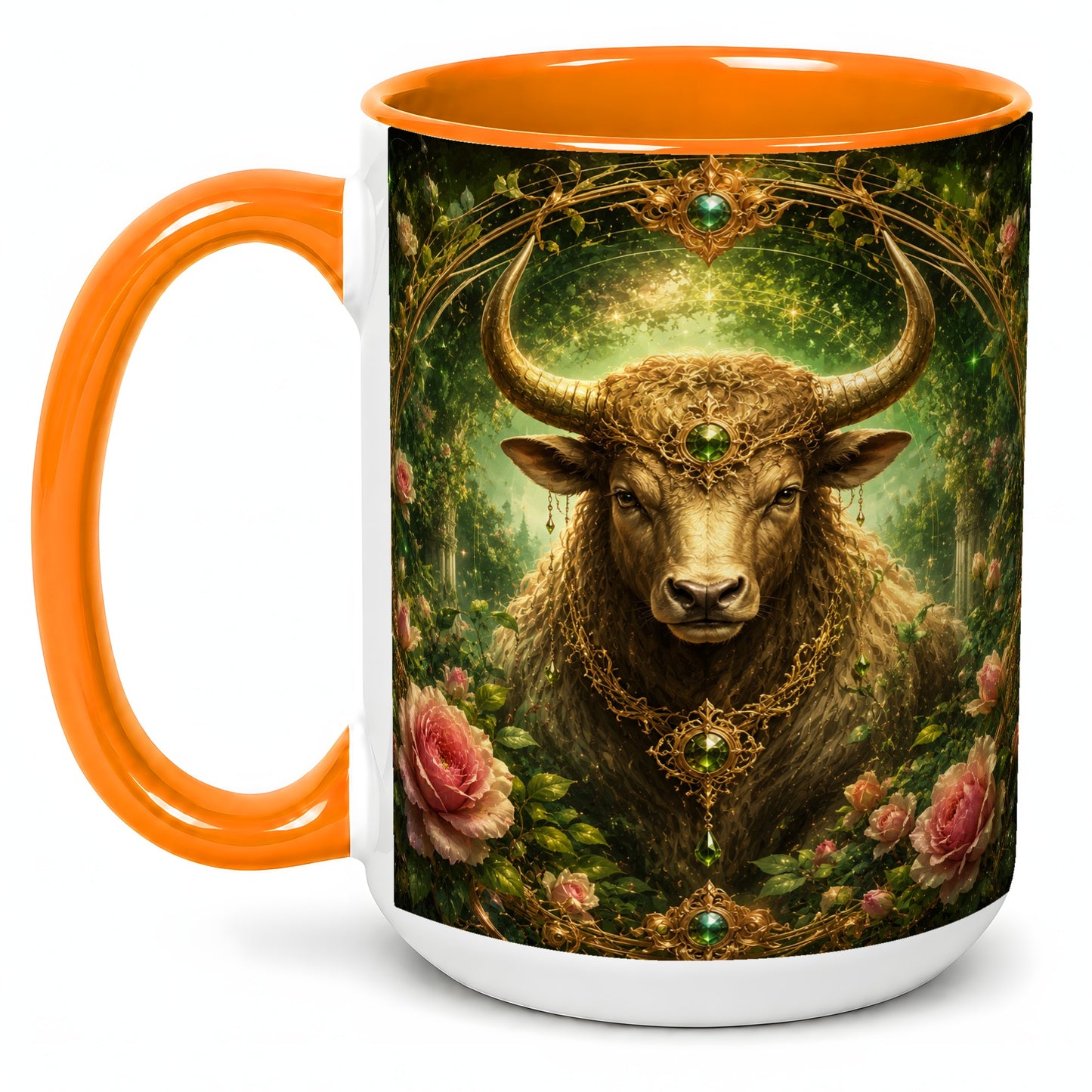 #pl[15oz|Orange] Taurus Bull Ceramic Mug, Earth Zodiac Rose Celestial Art