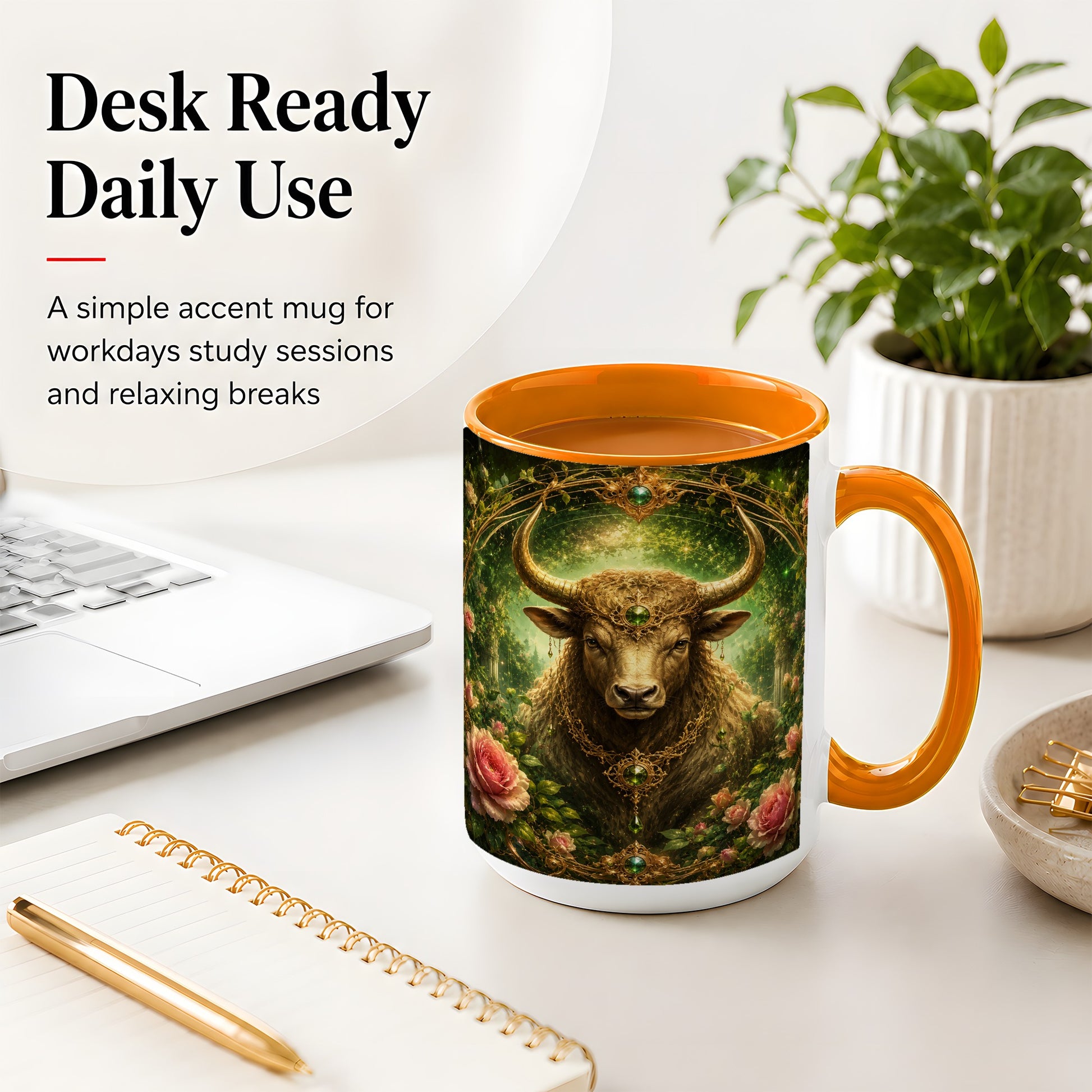 #pl[15oz|Orange] Taurus Bull Ceramic Mug, Earth Zodiac Rose Celestial Art