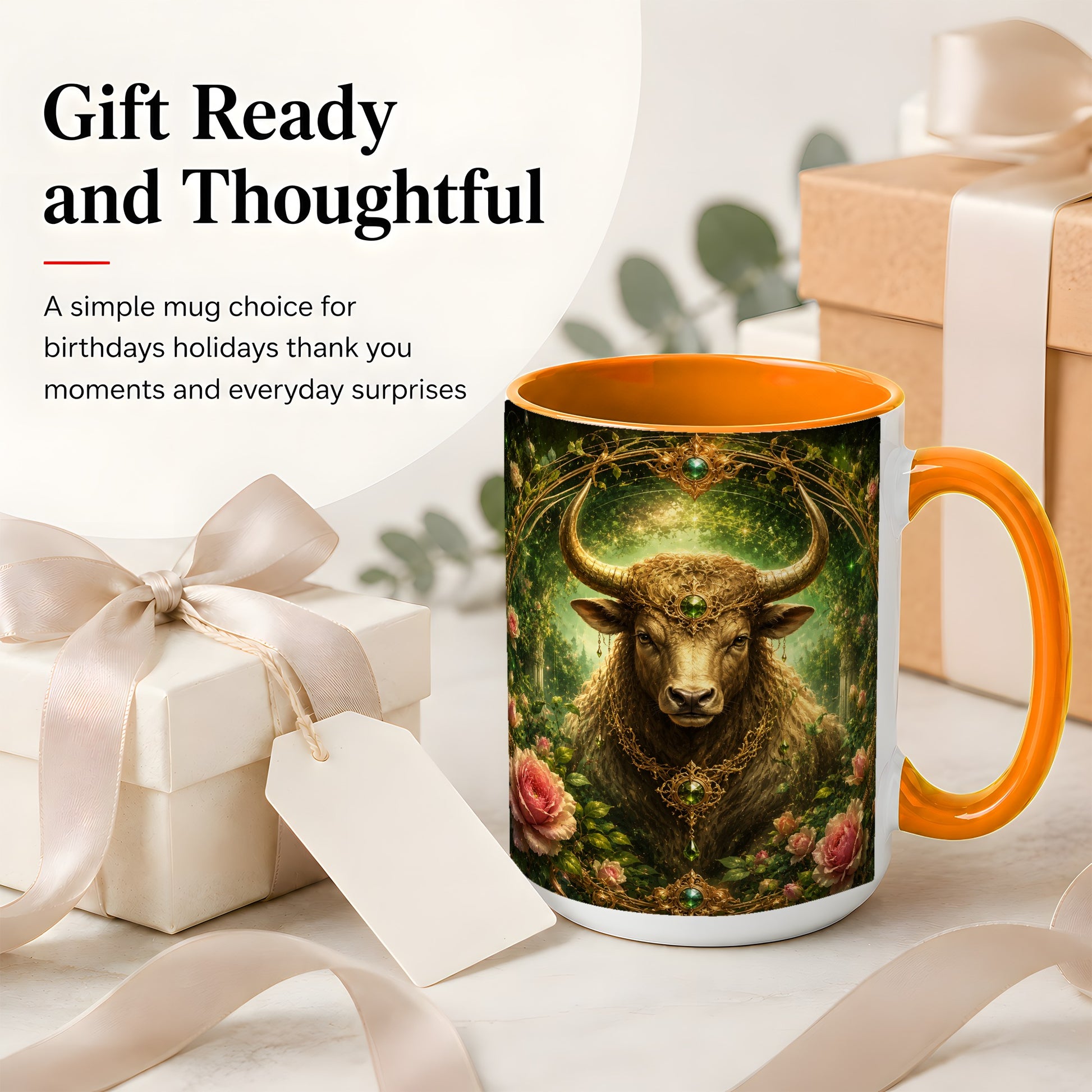 #pl[15oz|Orange] Taurus Bull Ceramic Mug, Earth Zodiac Rose Celestial Art