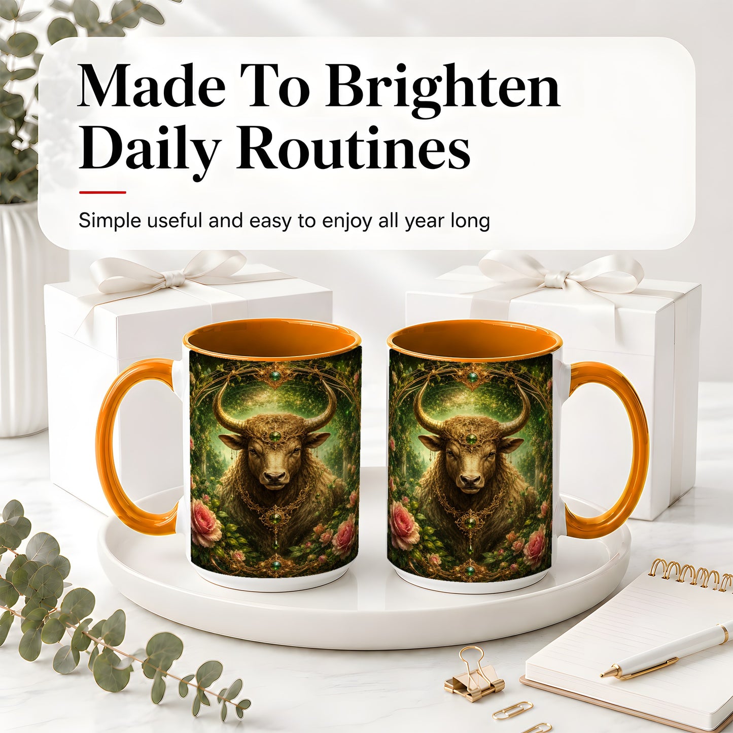 #pl[15oz|Orange] Taurus Bull Ceramic Mug, Earth Zodiac Rose Celestial Art