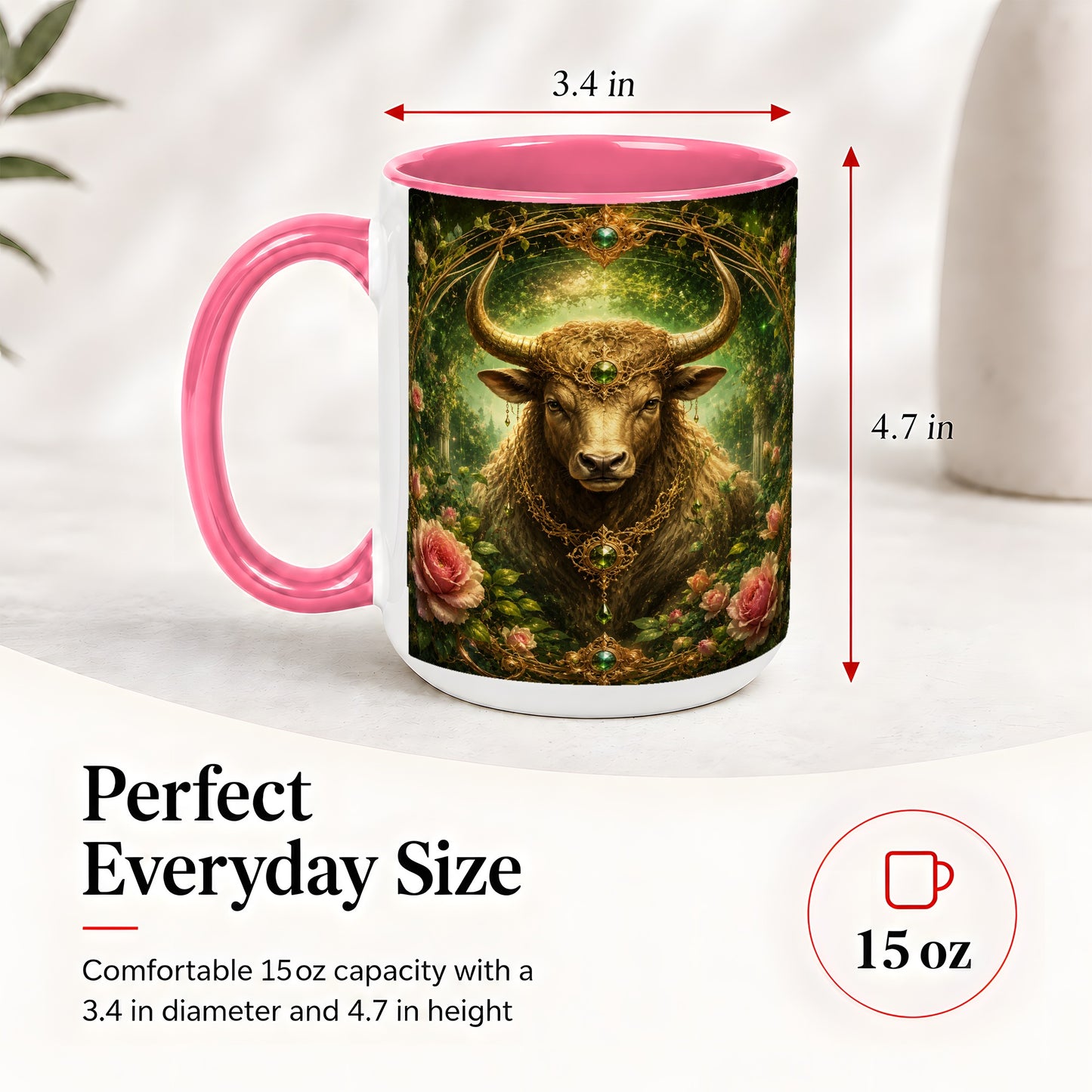 #pl[15oz|Pink] Taurus Bull Ceramic Mug, Earth Zodiac Rose Celestial Art