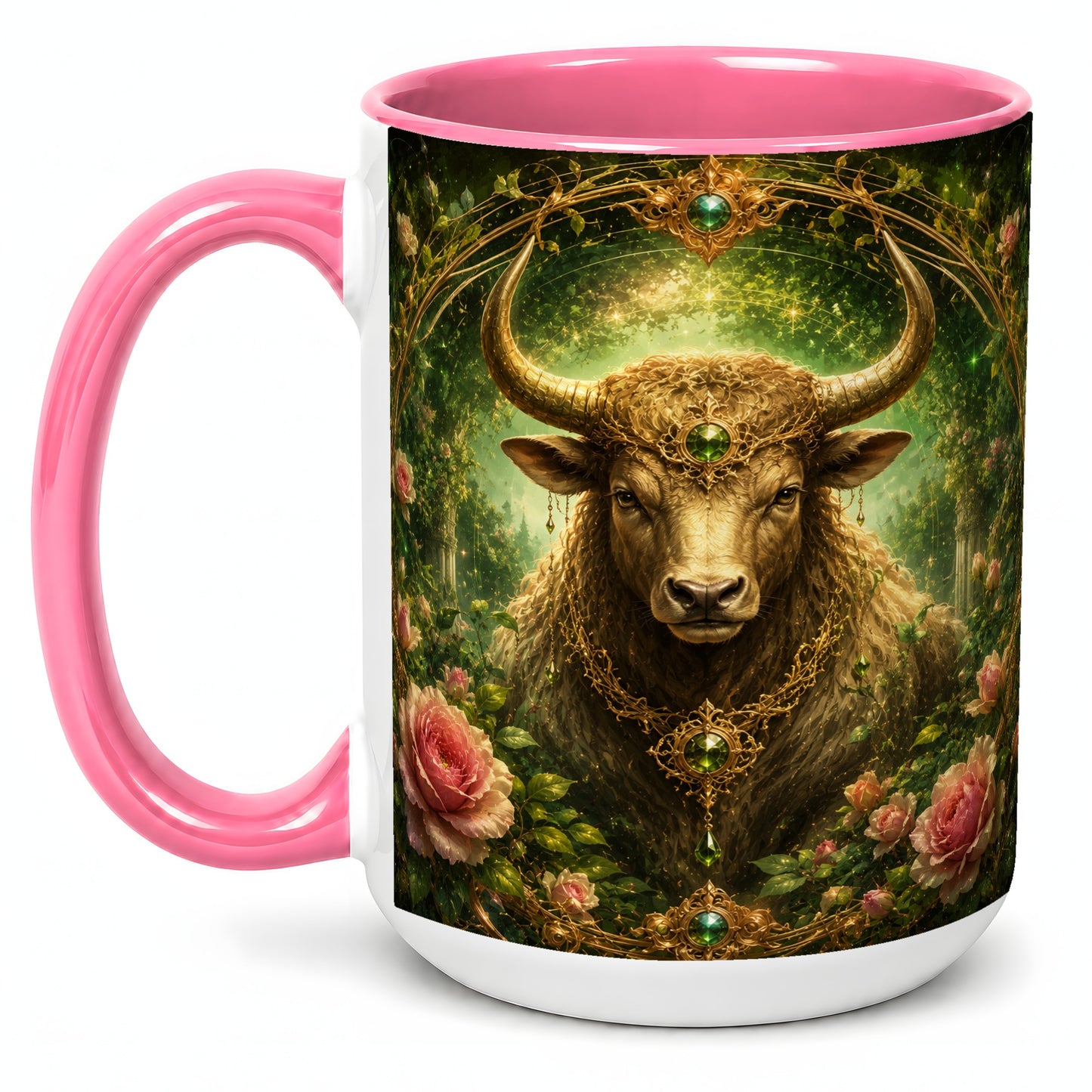 #pl[15oz|Pink] Taurus Bull Ceramic Mug, Earth Zodiac Rose Celestial Art