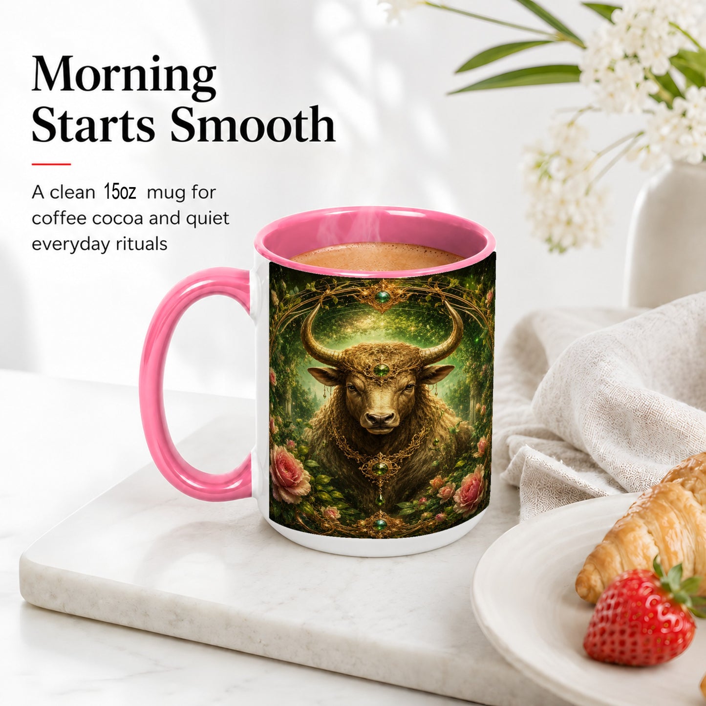 #pl[15oz|Pink] Taurus Bull Ceramic Mug, Earth Zodiac Rose Celestial Art