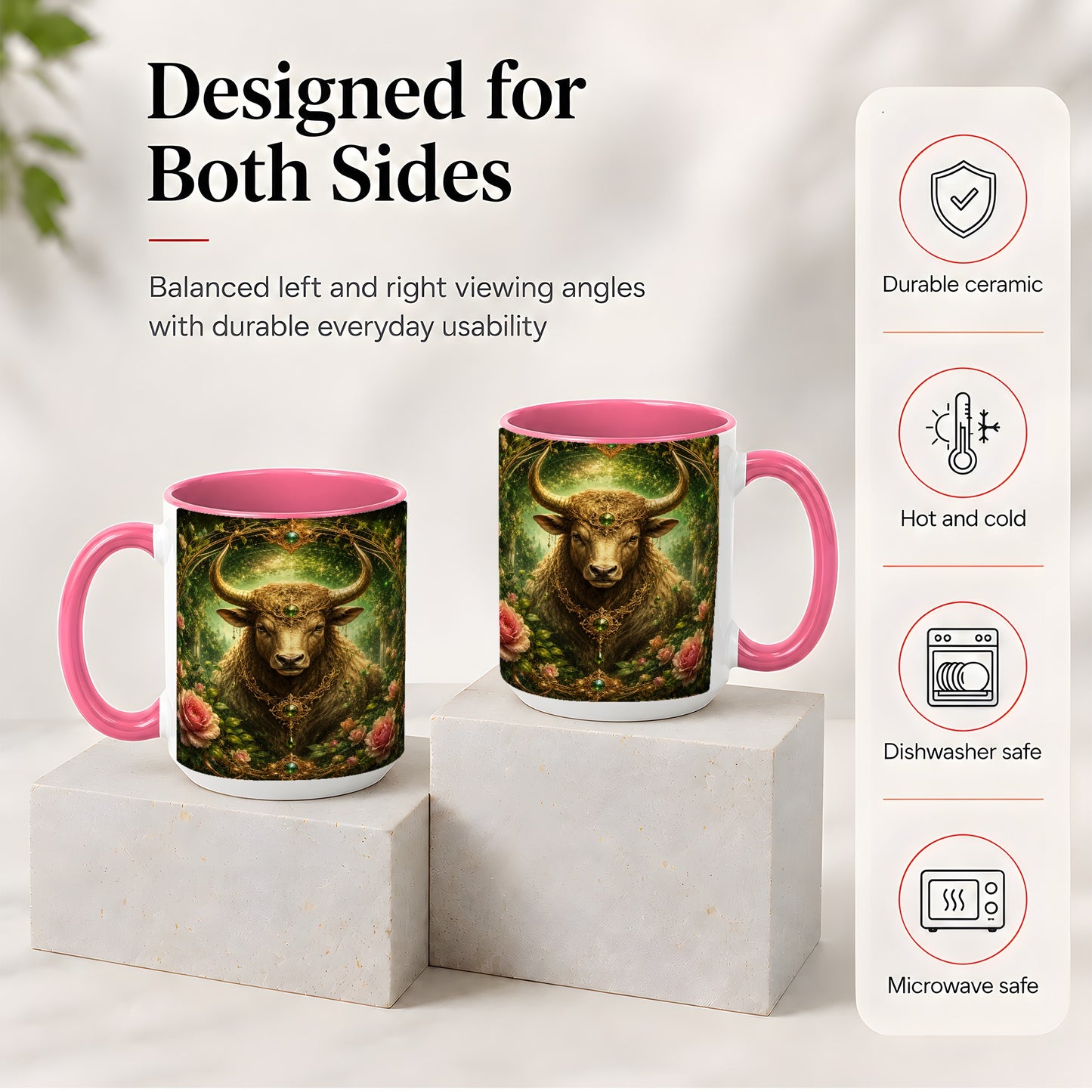 #pl[15oz|Pink] Taurus Bull Ceramic Mug, Earth Zodiac Rose Celestial Art