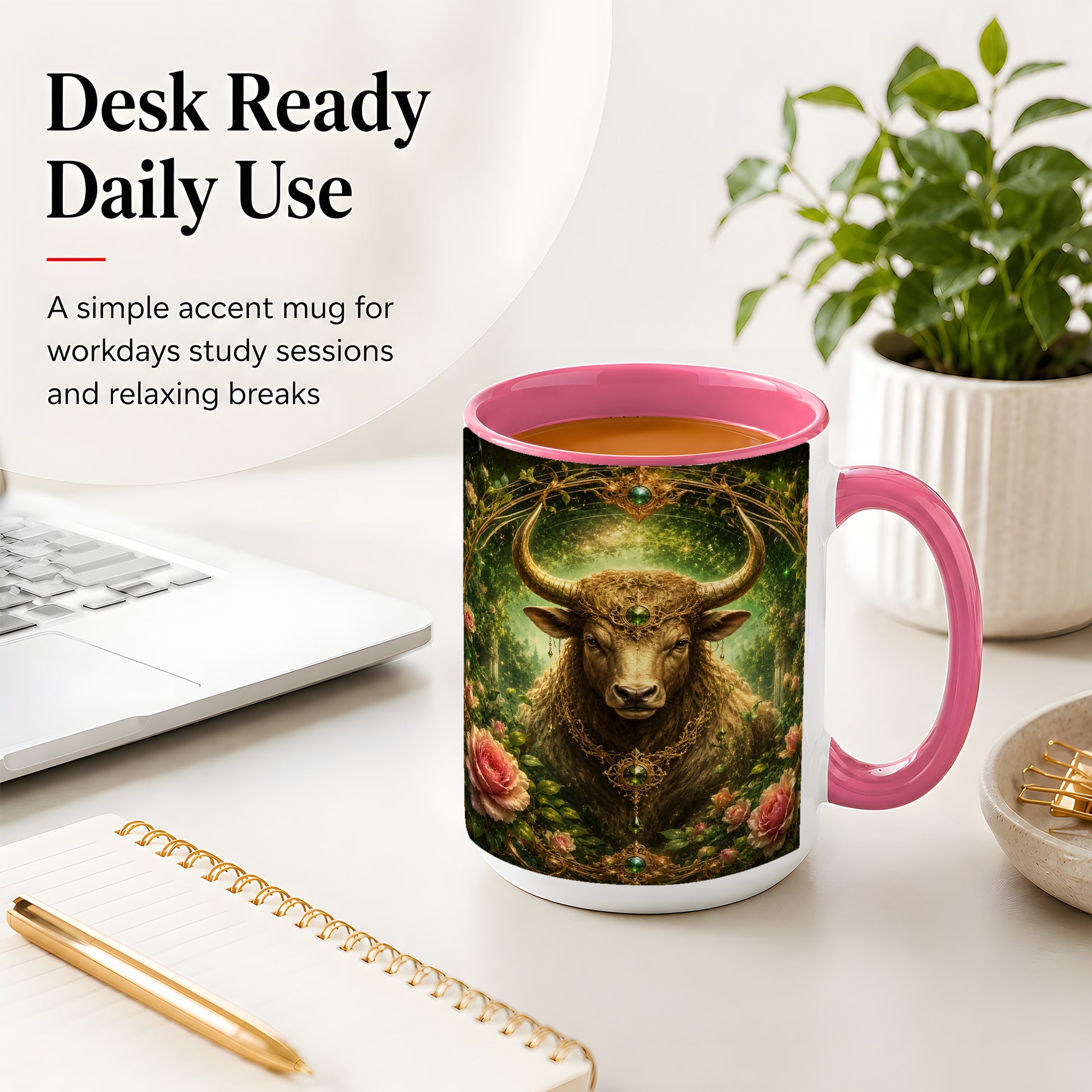 #pl[15oz|Pink] Taurus Bull Ceramic Mug, Earth Zodiac Rose Celestial Art
