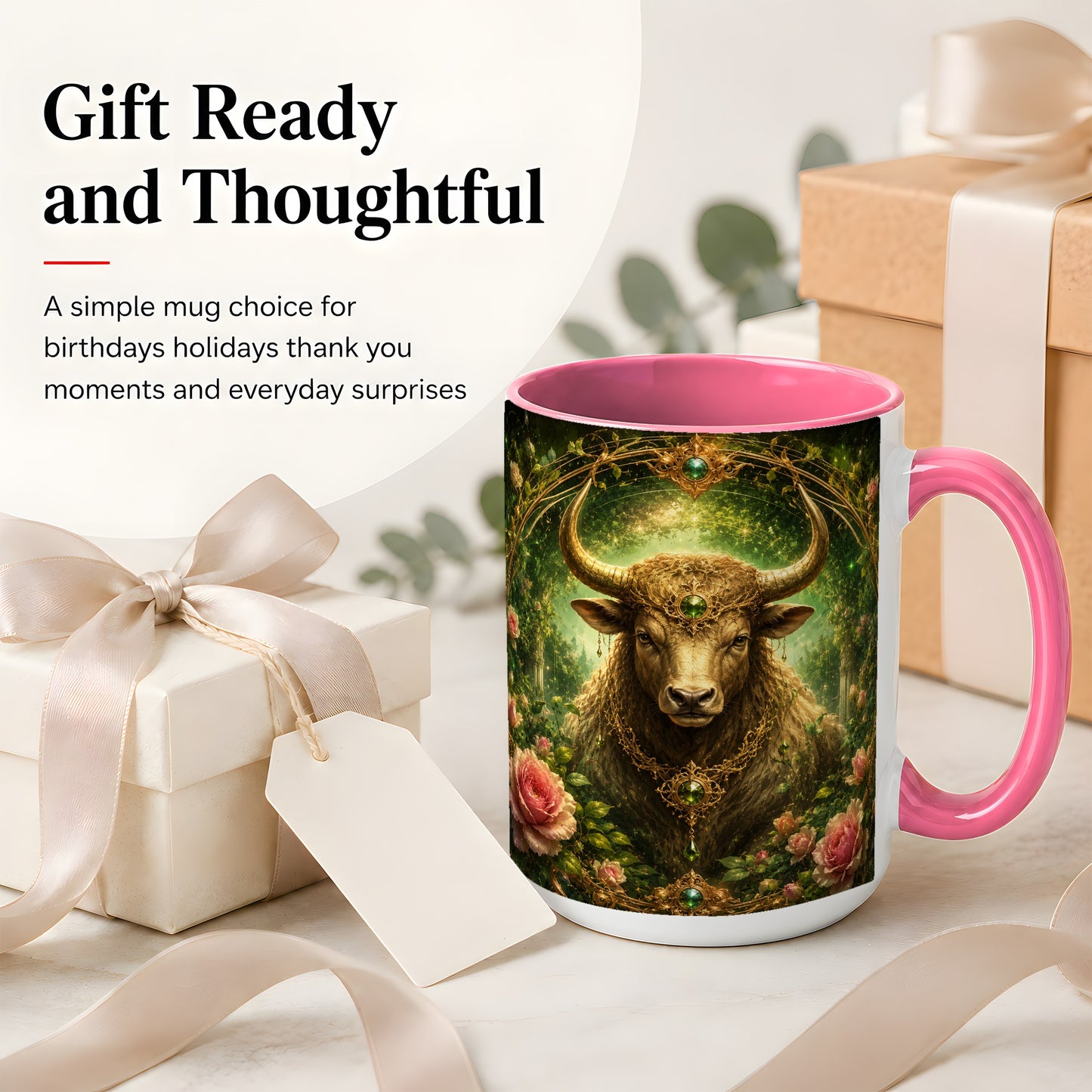 #pl[15oz|Pink] Taurus Bull Ceramic Mug, Earth Zodiac Rose Celestial Art