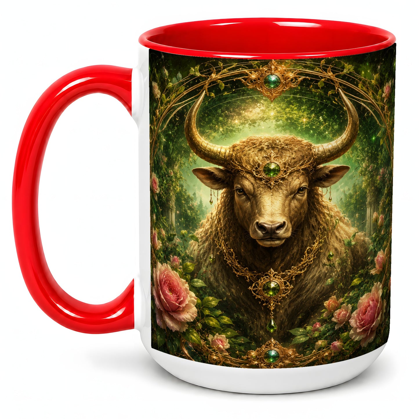 #pl[15oz|Red] Taurus Bull Ceramic Mug, Earth Zodiac Rose Celestial Art