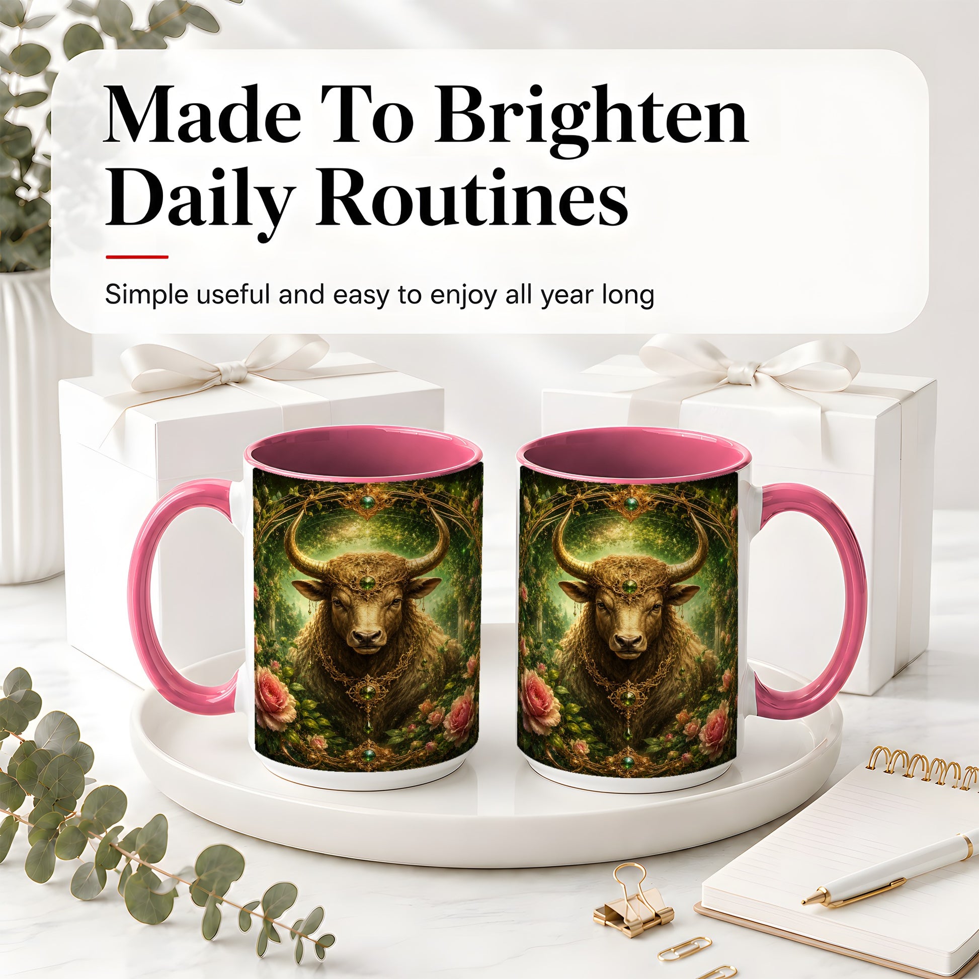 #pl[15oz|Pink] Taurus Bull Ceramic Mug, Earth Zodiac Rose Celestial Art