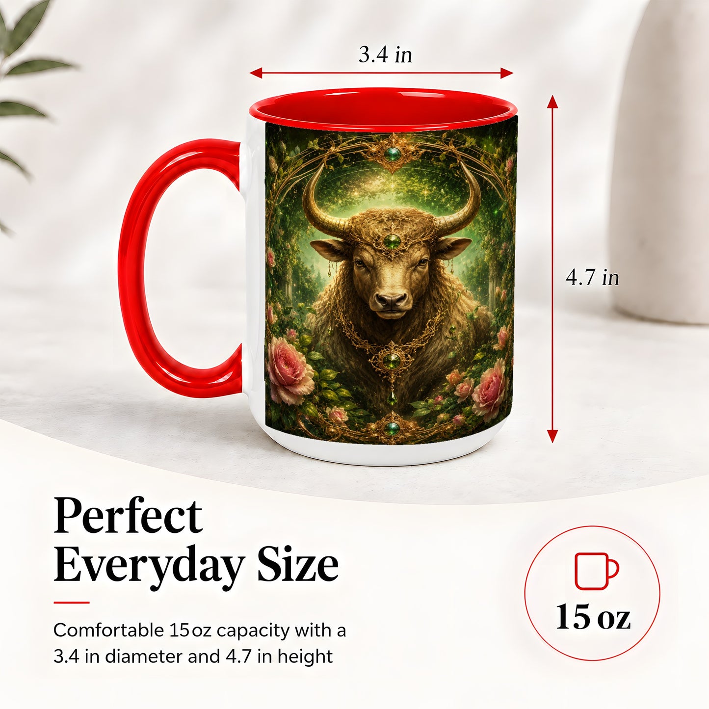 #pl[15oz|Red] Taurus Bull Ceramic Mug, Earth Zodiac Rose Celestial Art