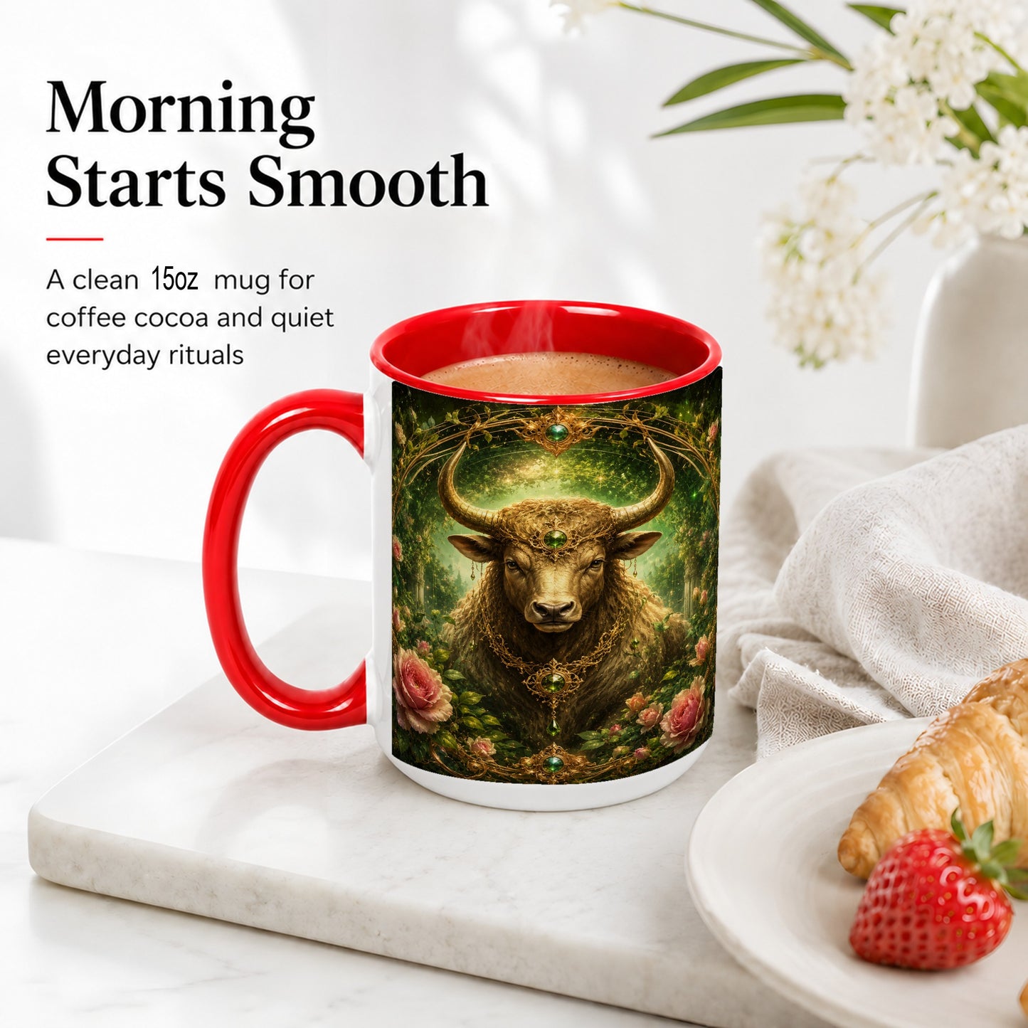 #pl[15oz|Red] Taurus Bull Ceramic Mug, Earth Zodiac Rose Celestial Art
