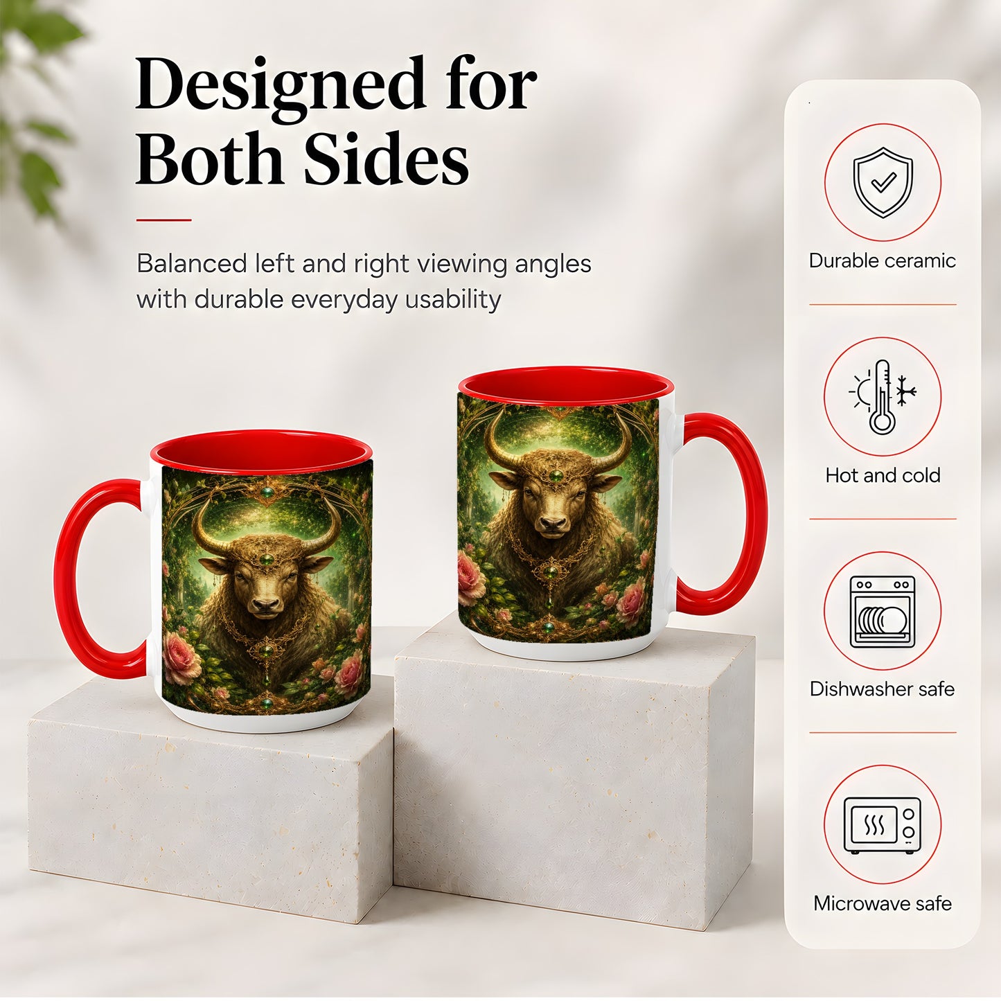 #pl[15oz|Red] Taurus Bull Ceramic Mug, Earth Zodiac Rose Celestial Art