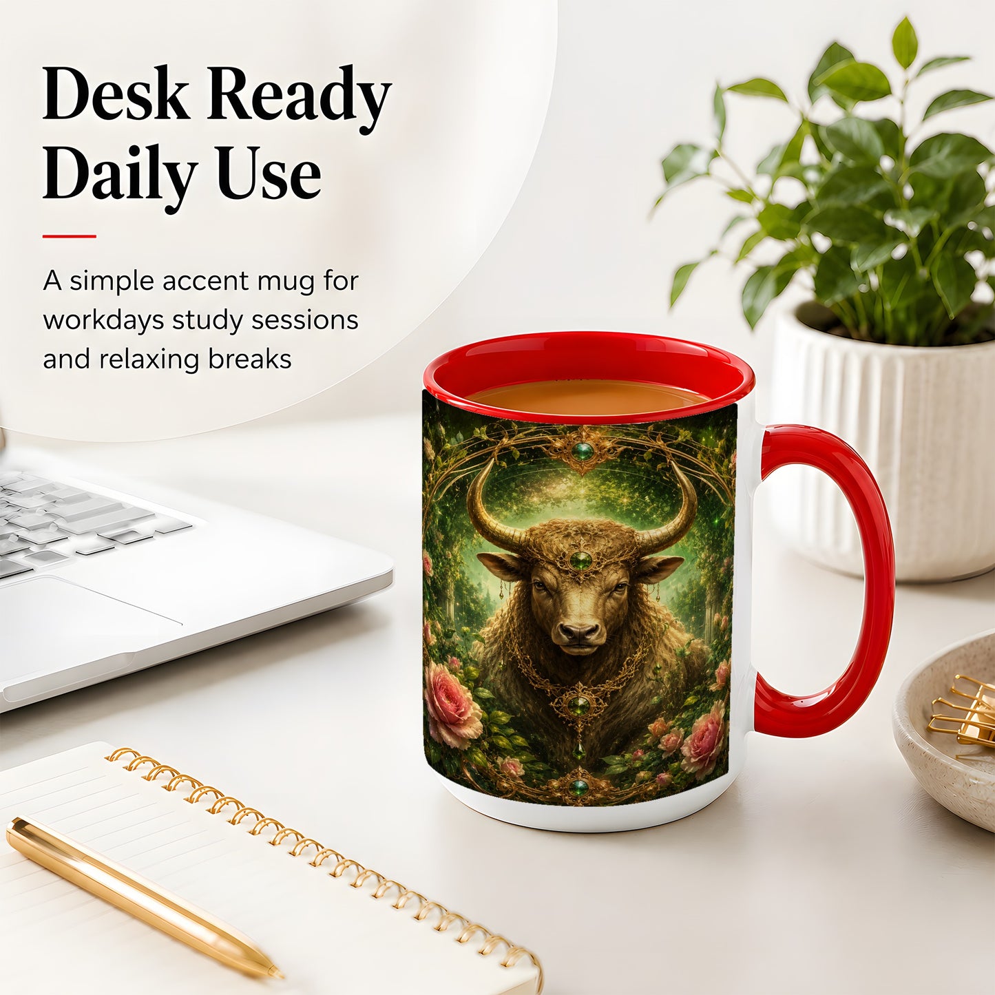 #pl[15oz|Red] Taurus Bull Ceramic Mug, Earth Zodiac Rose Celestial Art